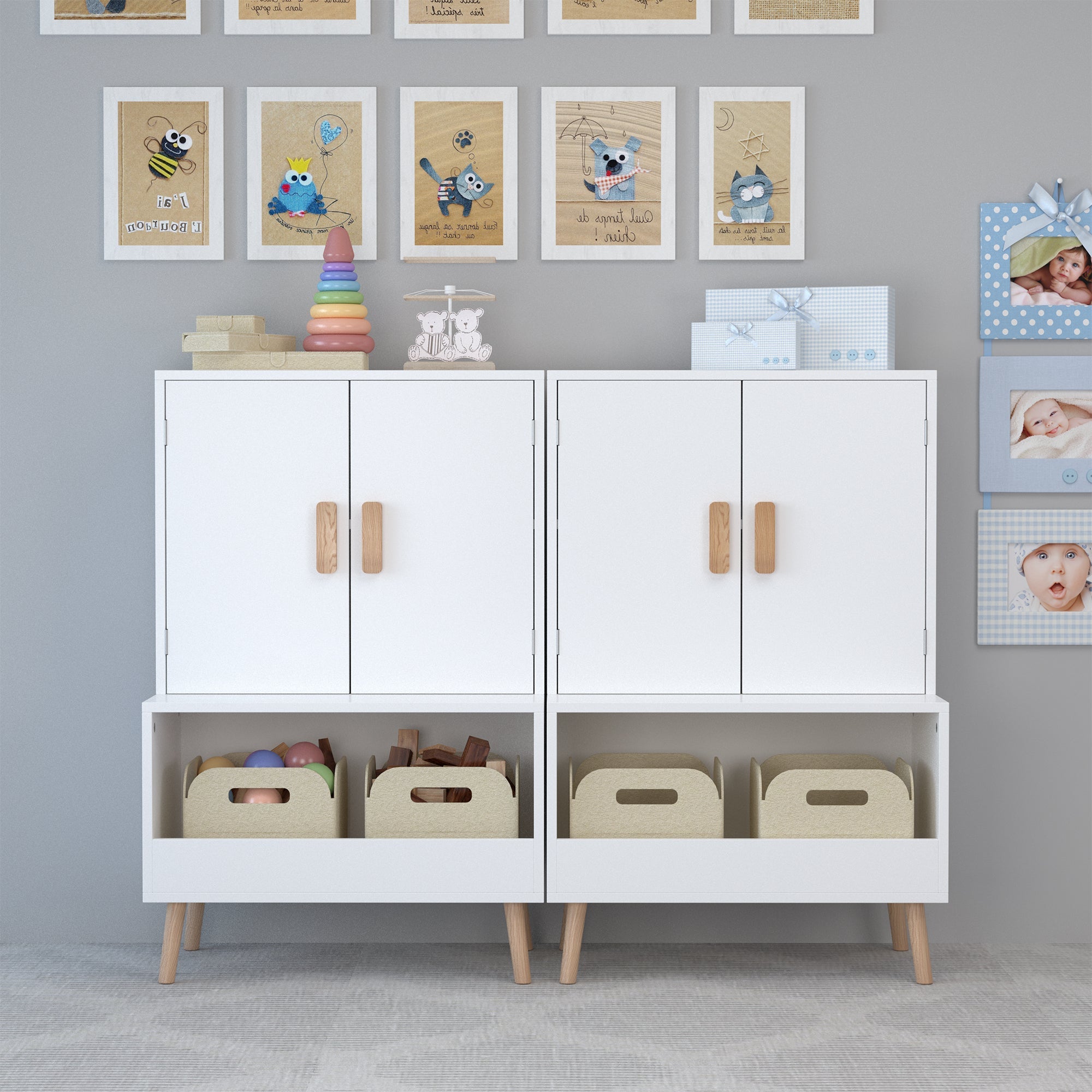 White Modern Wooden Toy Storage Cabinet with Natural Wood Legs