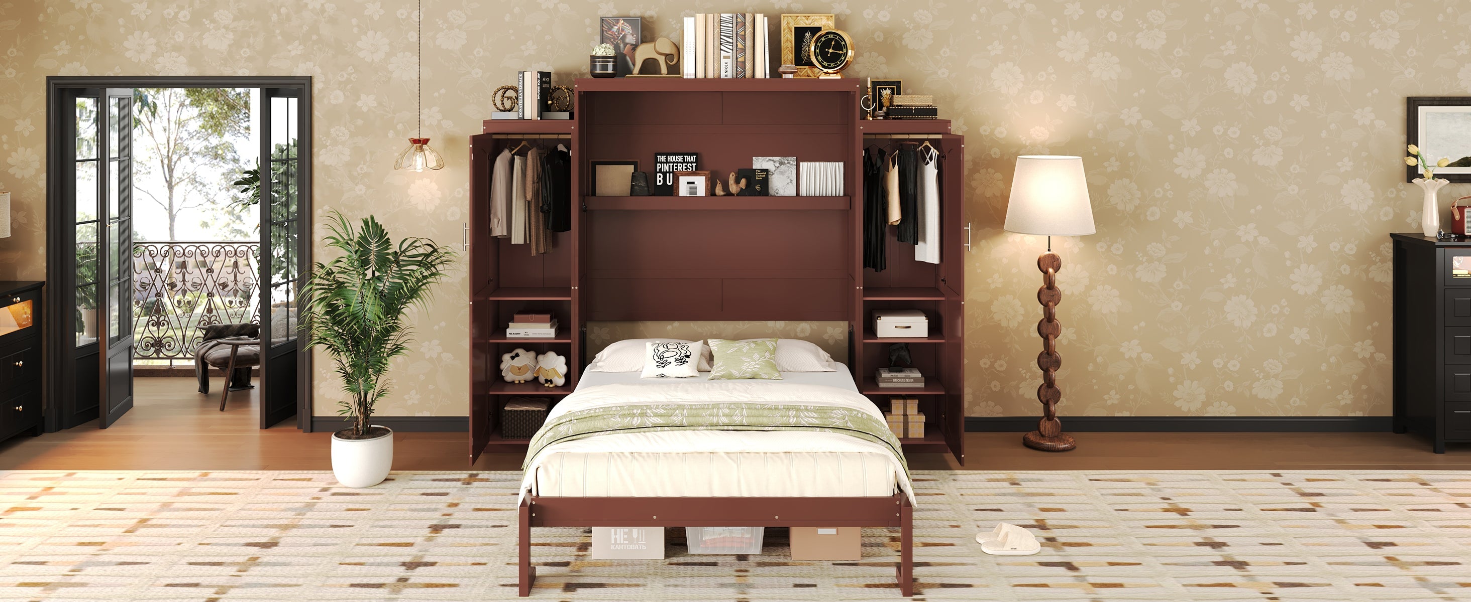 Wooden Queen Wall Bed with 2 Wardrobe and Storage Shelf