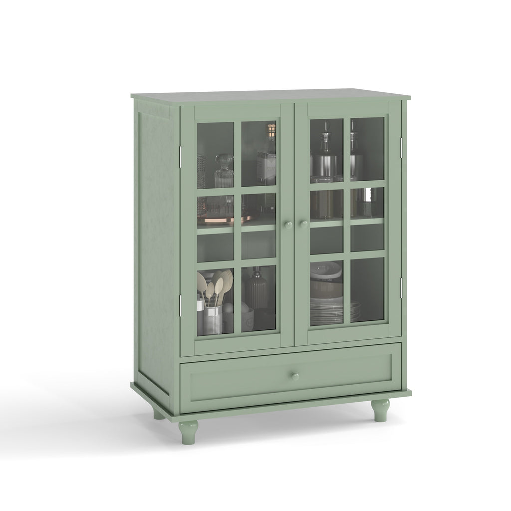 Minimalism Buffet Cabinet with Double Glass Doors and Drawer Mint Green