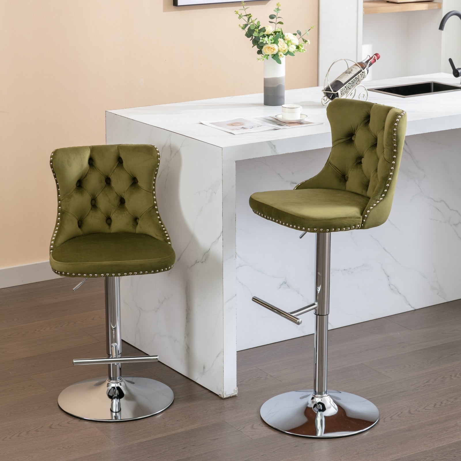 25-33 Inch Modern Velvet Swivel Barstools (Set of 2)