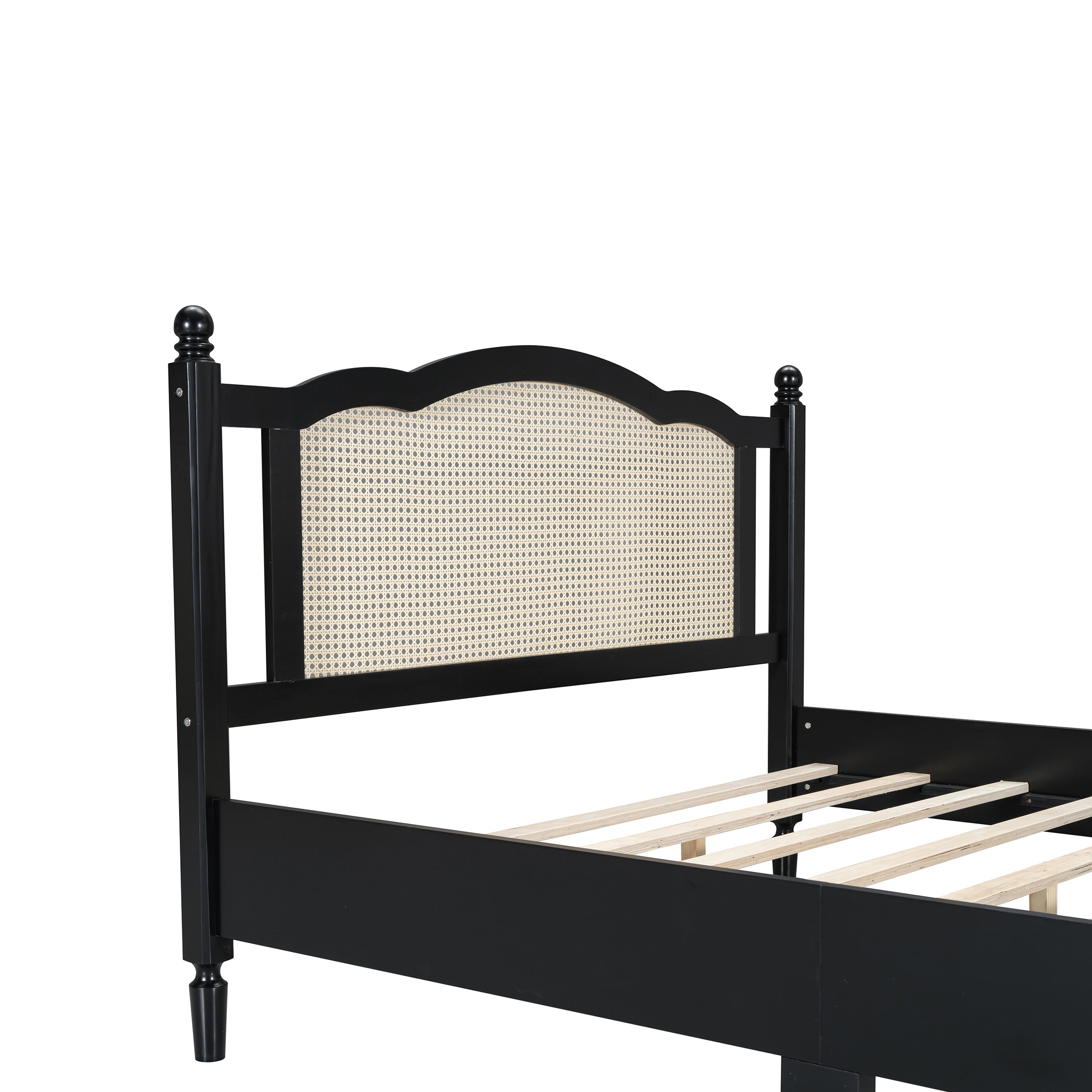 Queen Size Wooden Platform Bed with Natural Rattan Headboard