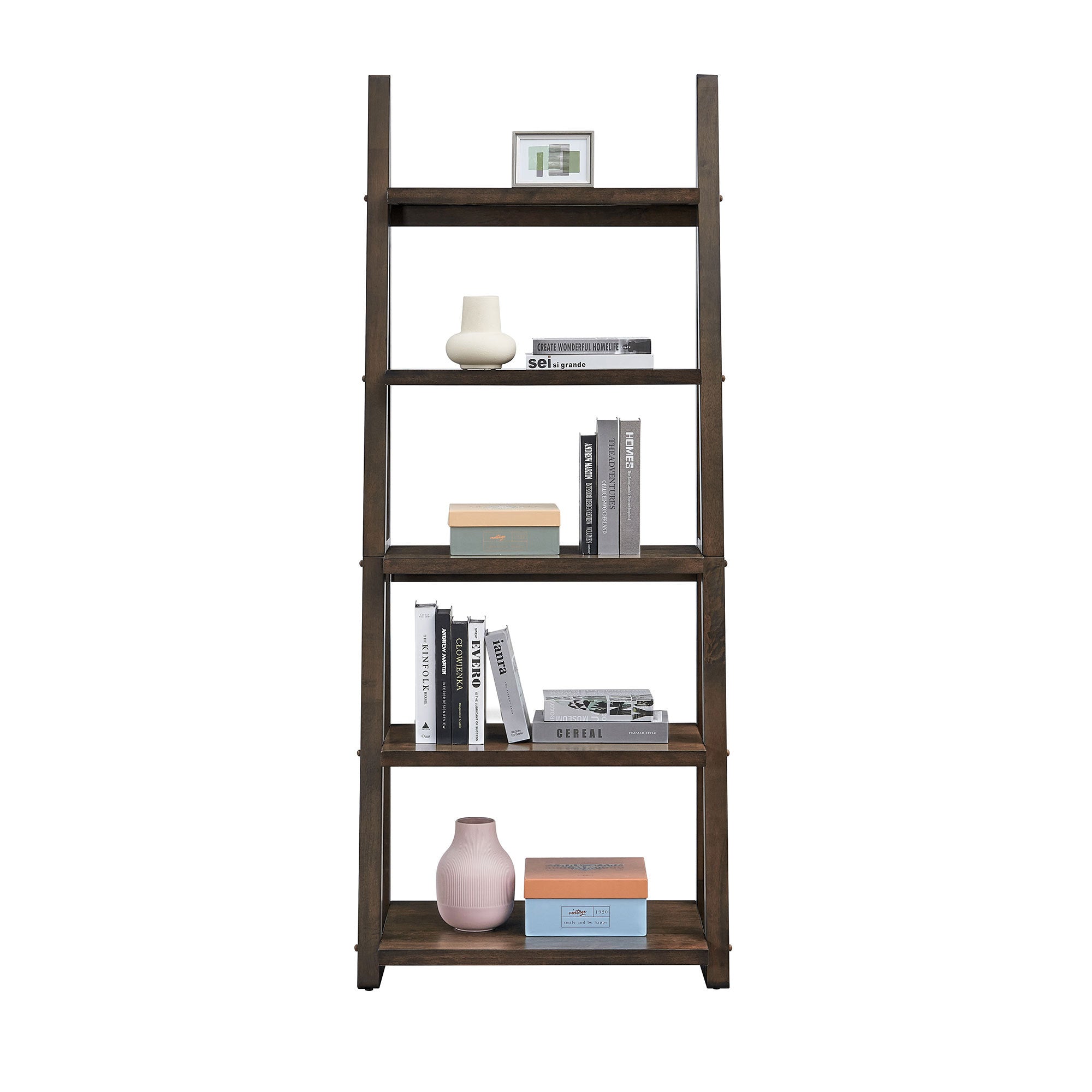 5-Tier Storage Rack Bookshelf with Rubber Wood Frame