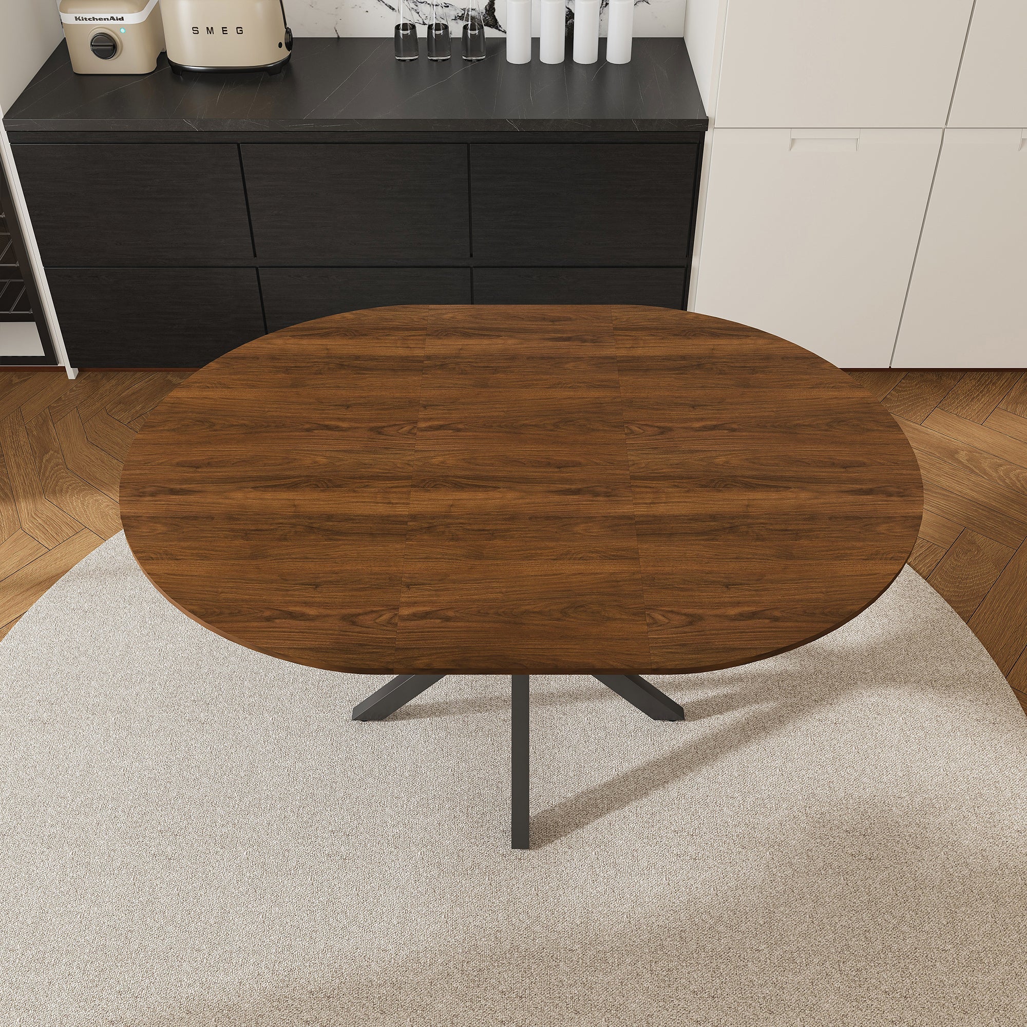 Modern Solid Wood Veneer Retractable Dining Table