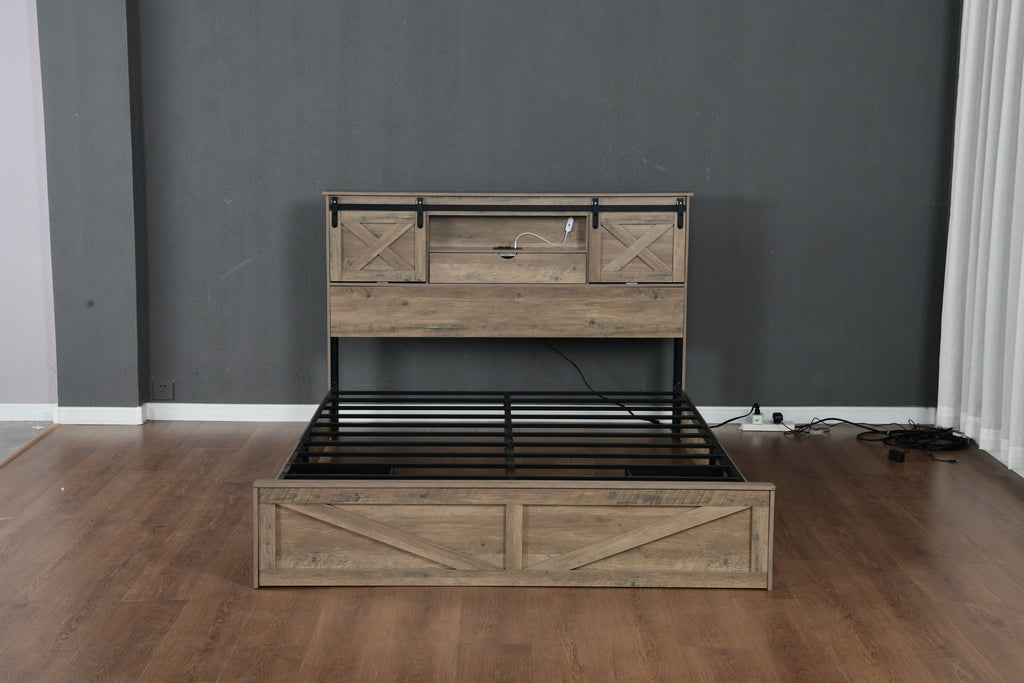 Farmhouse Bed Frame Queen Size with LED Lights and Charging Station
