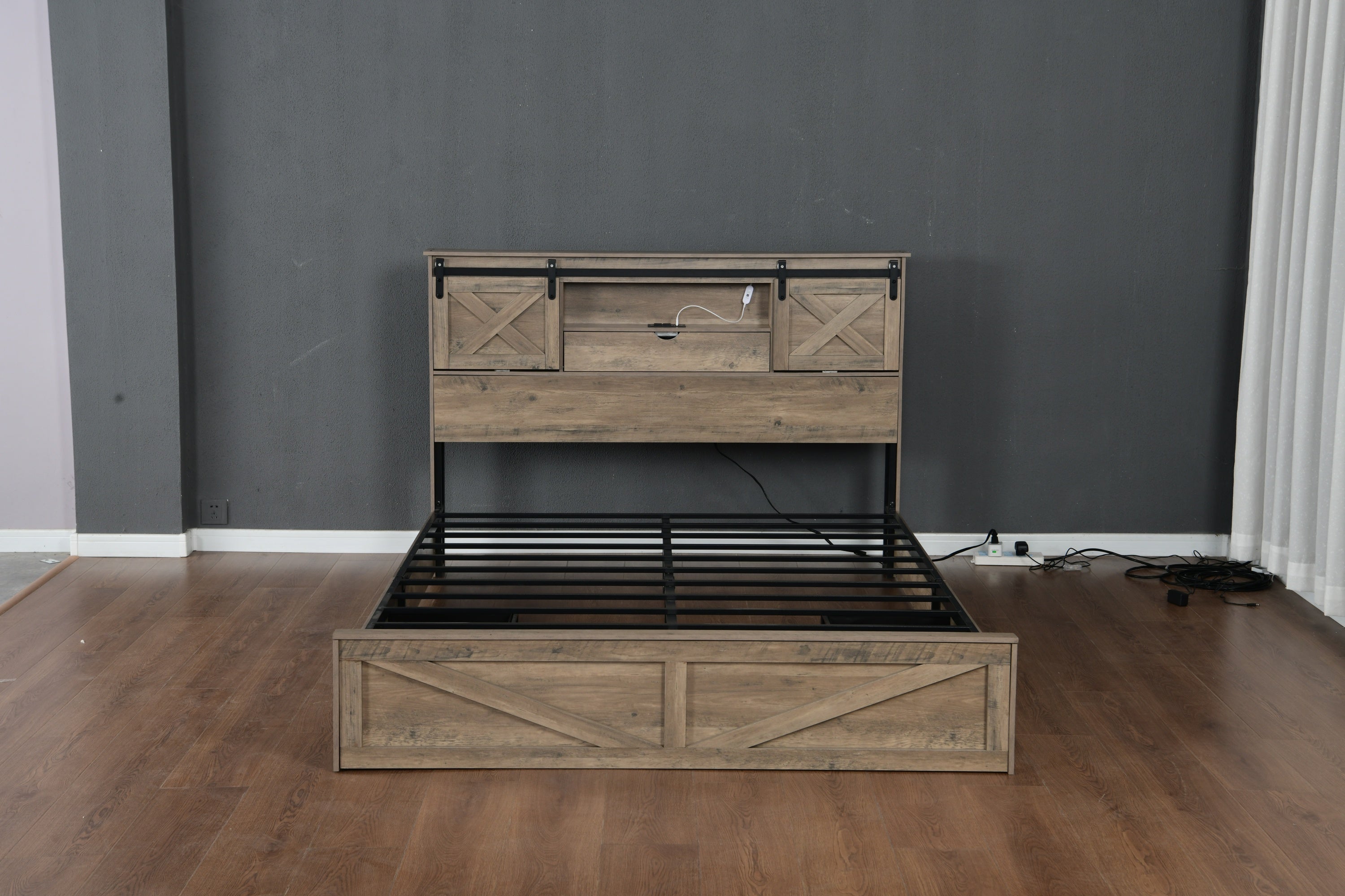 Farmhouse Bed Frame Queen Size with LED Lights and Charging Station
