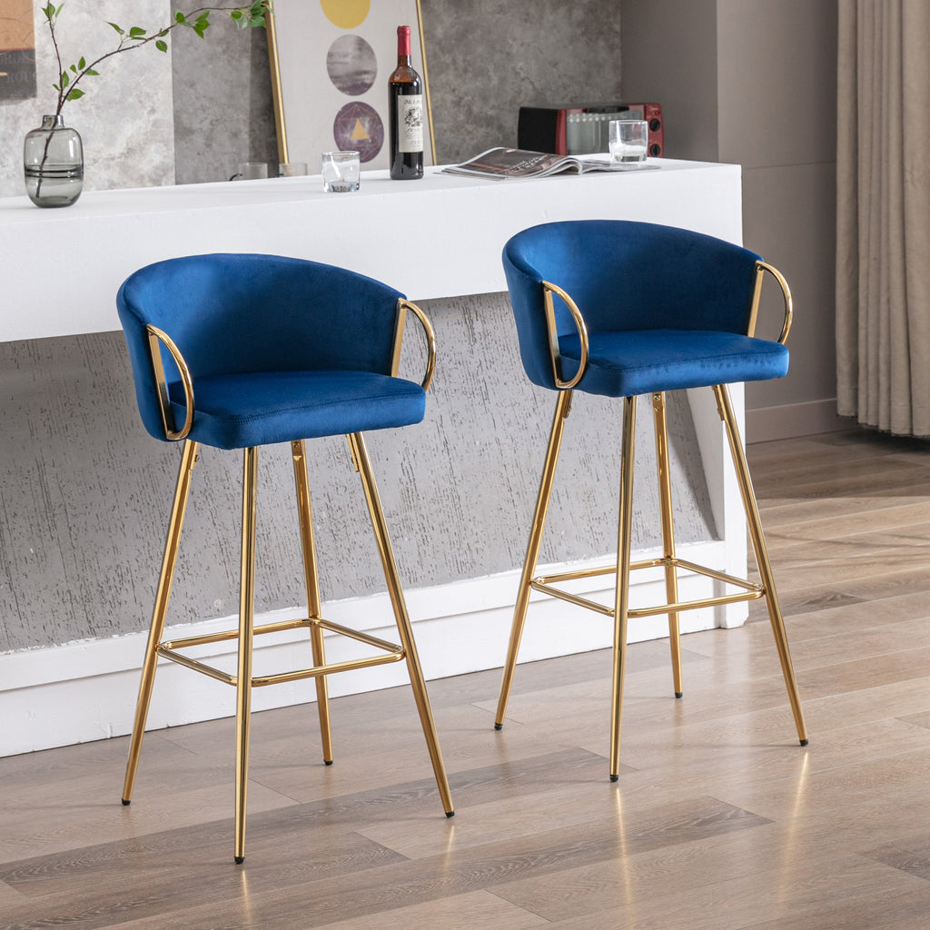 Velvet Bar Stools with Chrome Footrest and Base（Set of 2)