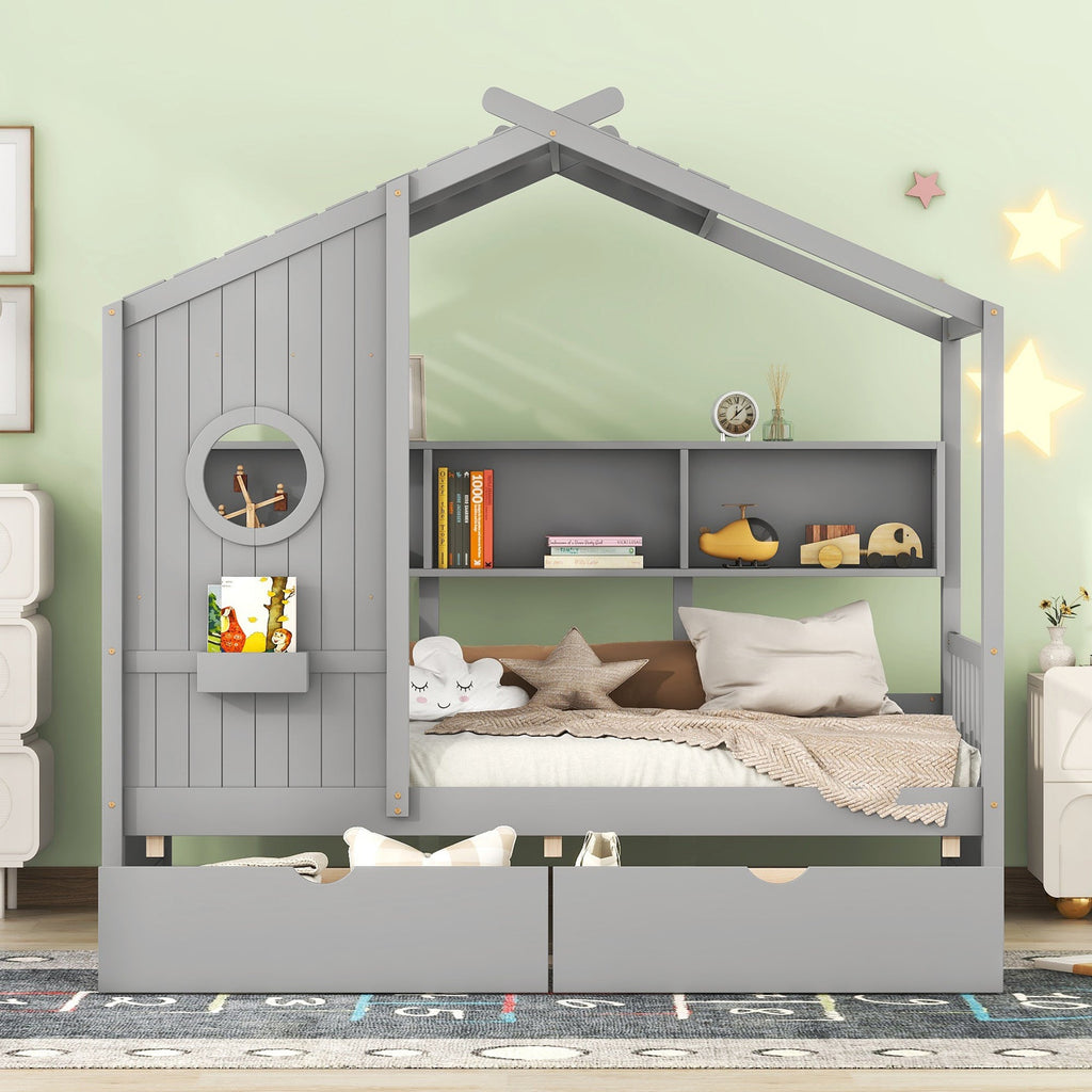 Wooden Twin Size House Bed with 2 Drawers