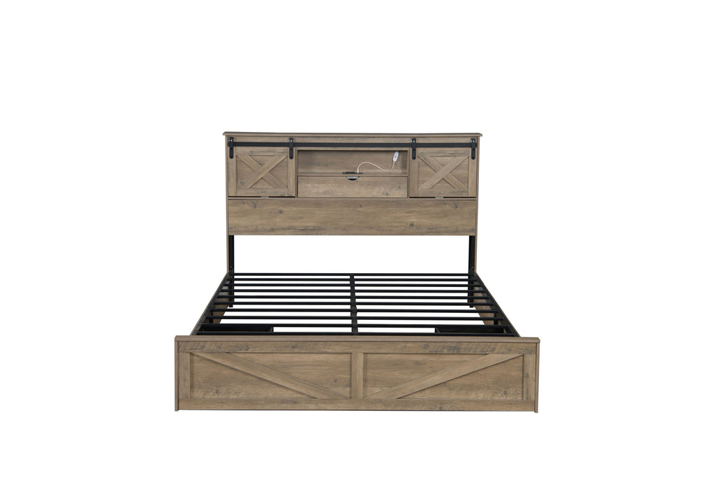 Farmhouse Bed Frame Queen Size with LED Lights and Charging Station