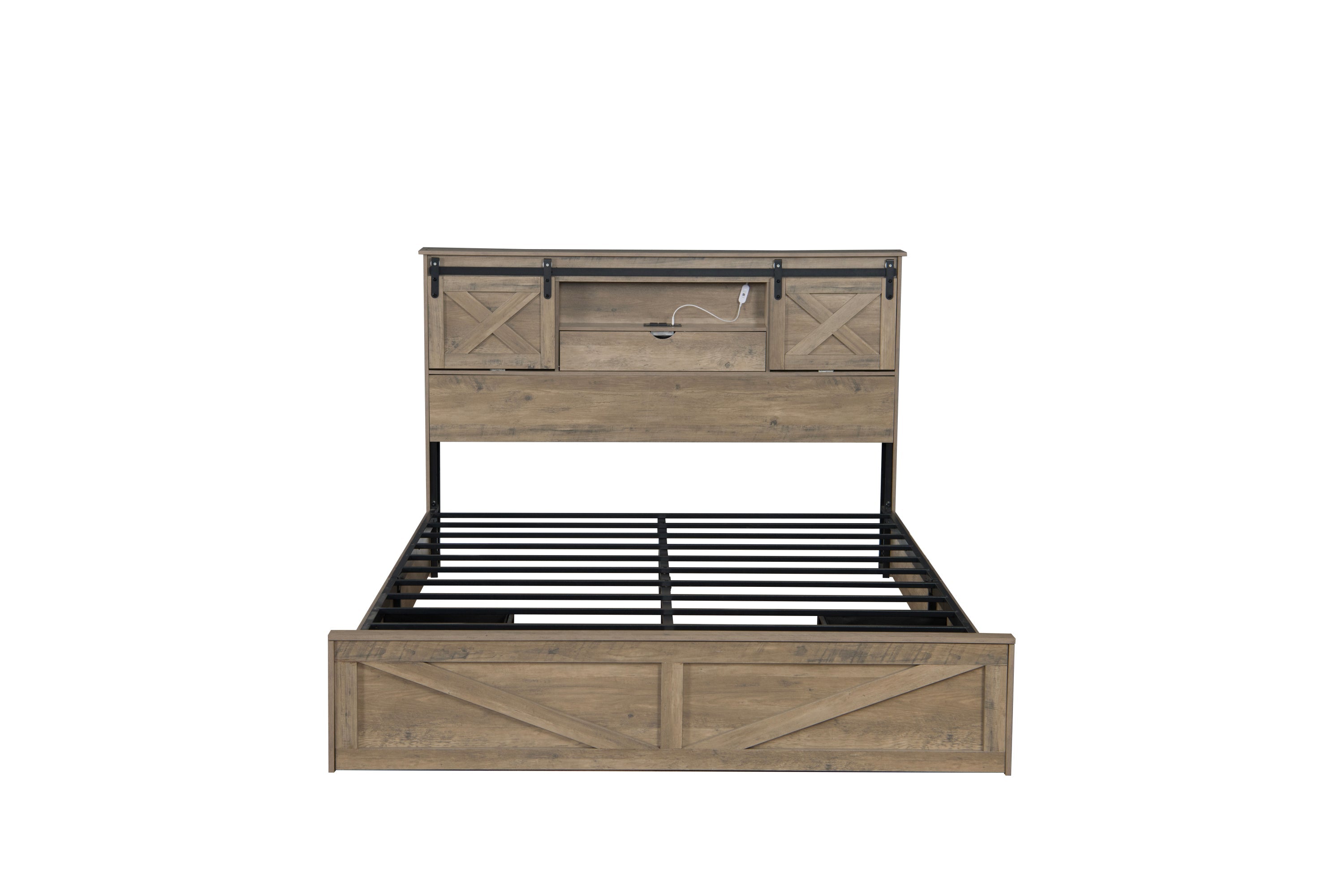 Farmhouse Bed Frame Queen Size with LED Lights and Charging Station