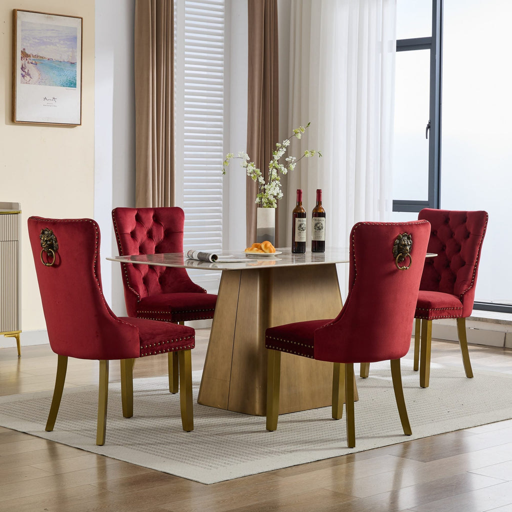 Mid-Century Velvet Dining Chairs with Lion Head Pull Ring (Set of 2)