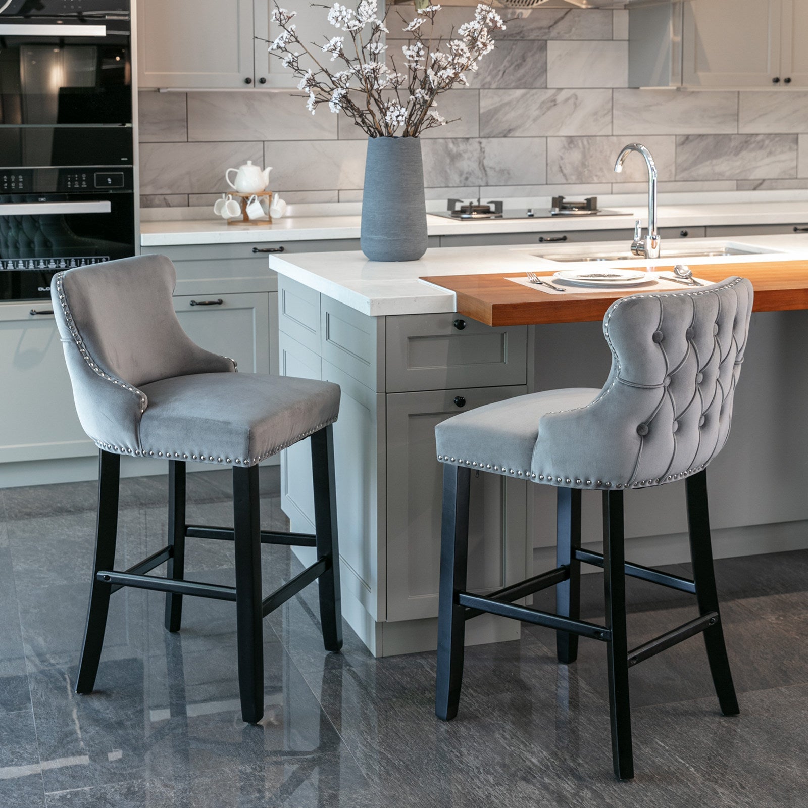 Leisure Style Velvet Upholstered Wing-Back Barstools (Set of 2)