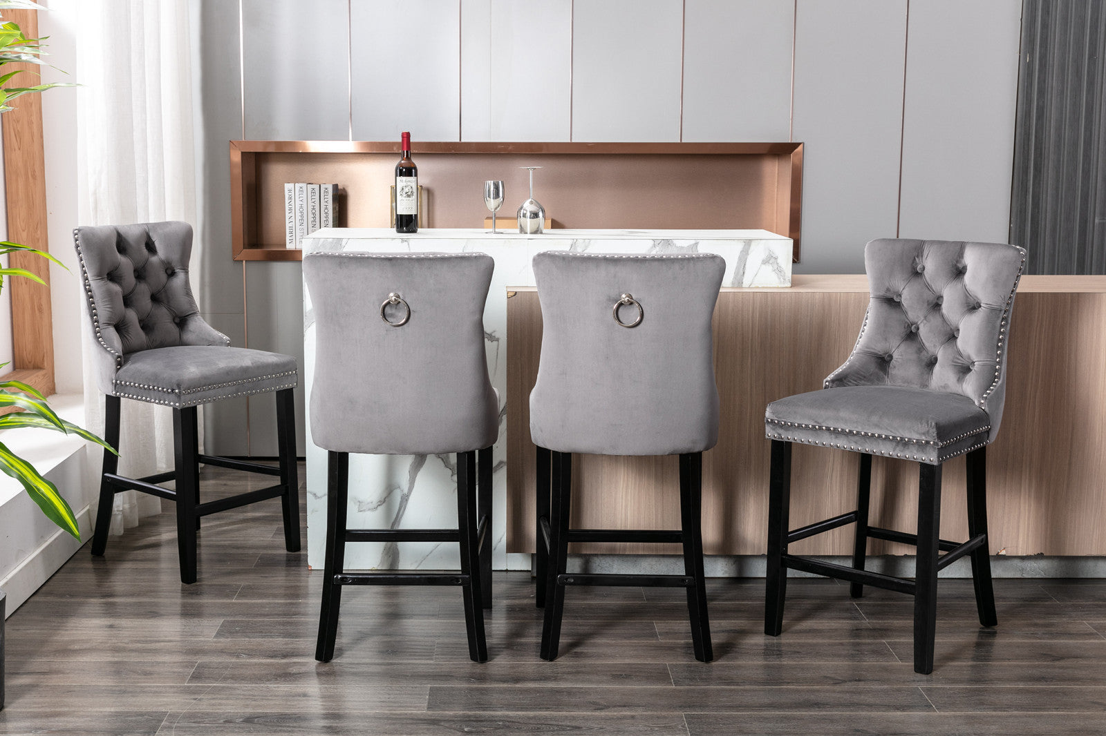 Contemporary Velvet Upholstered Barstools with Button Tufted Decoration (Set of 2)