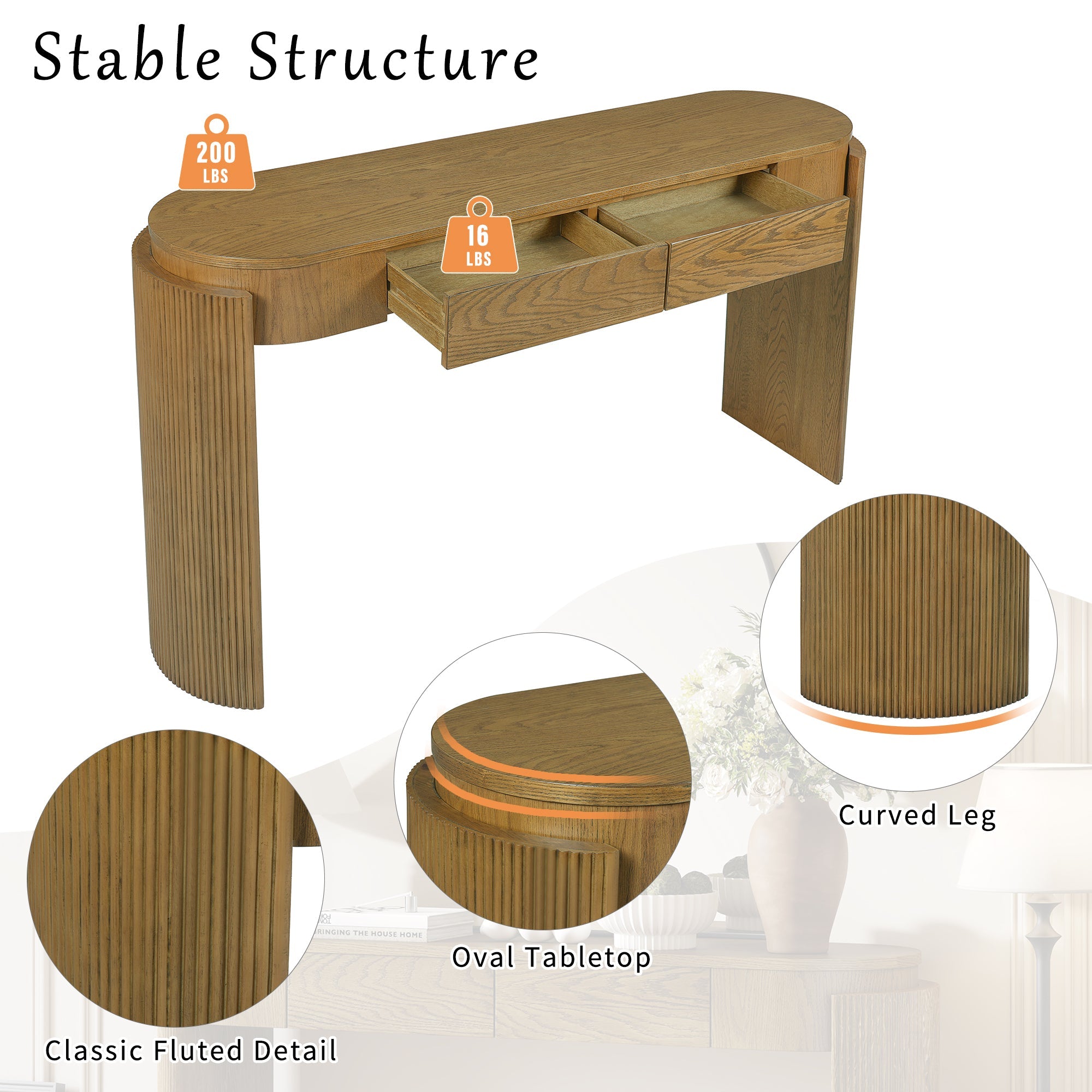 Natural Wood Console Table with Fluted Design