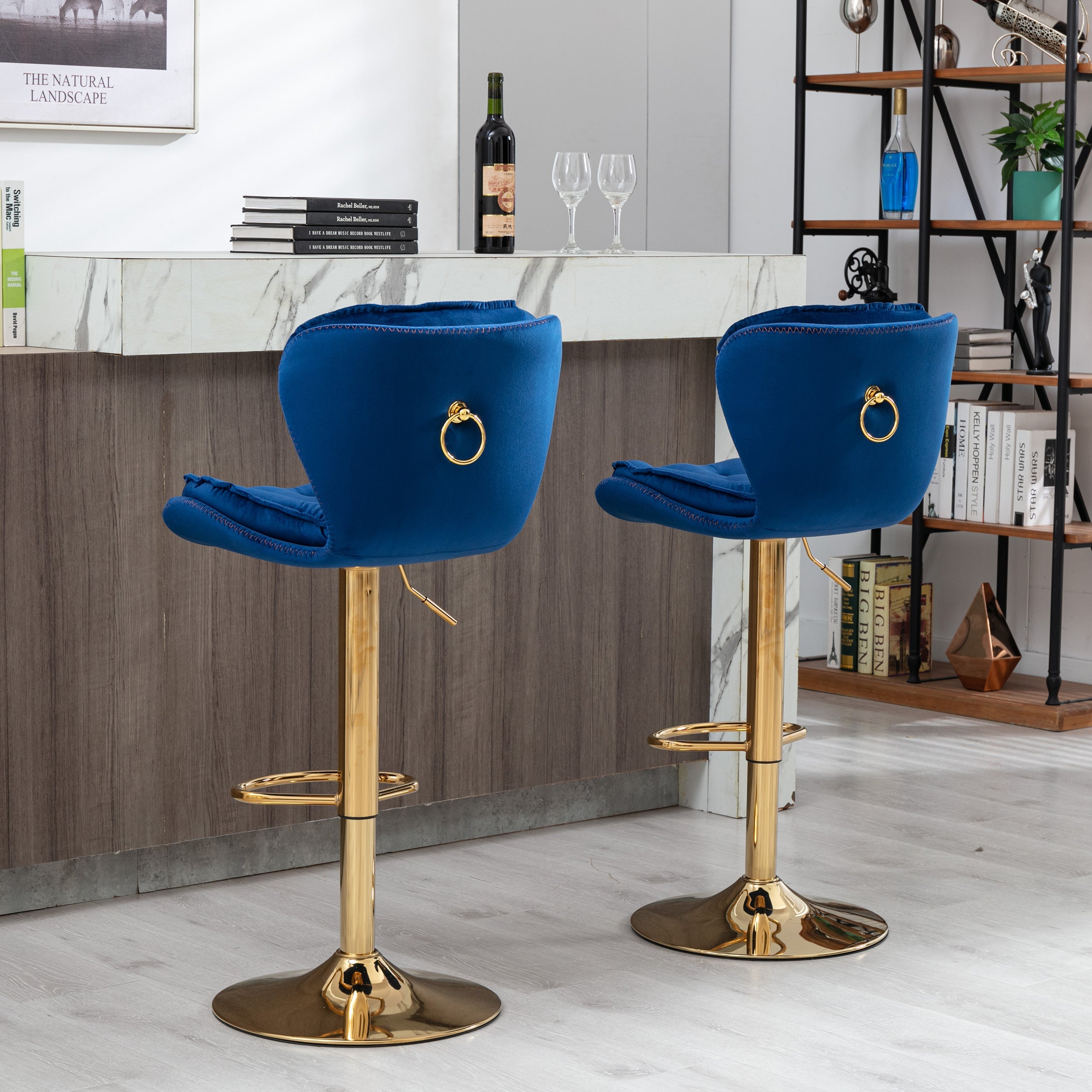 Velvet Bar Stools Set of 2 - Gold Base Adjustable Swivel Counter