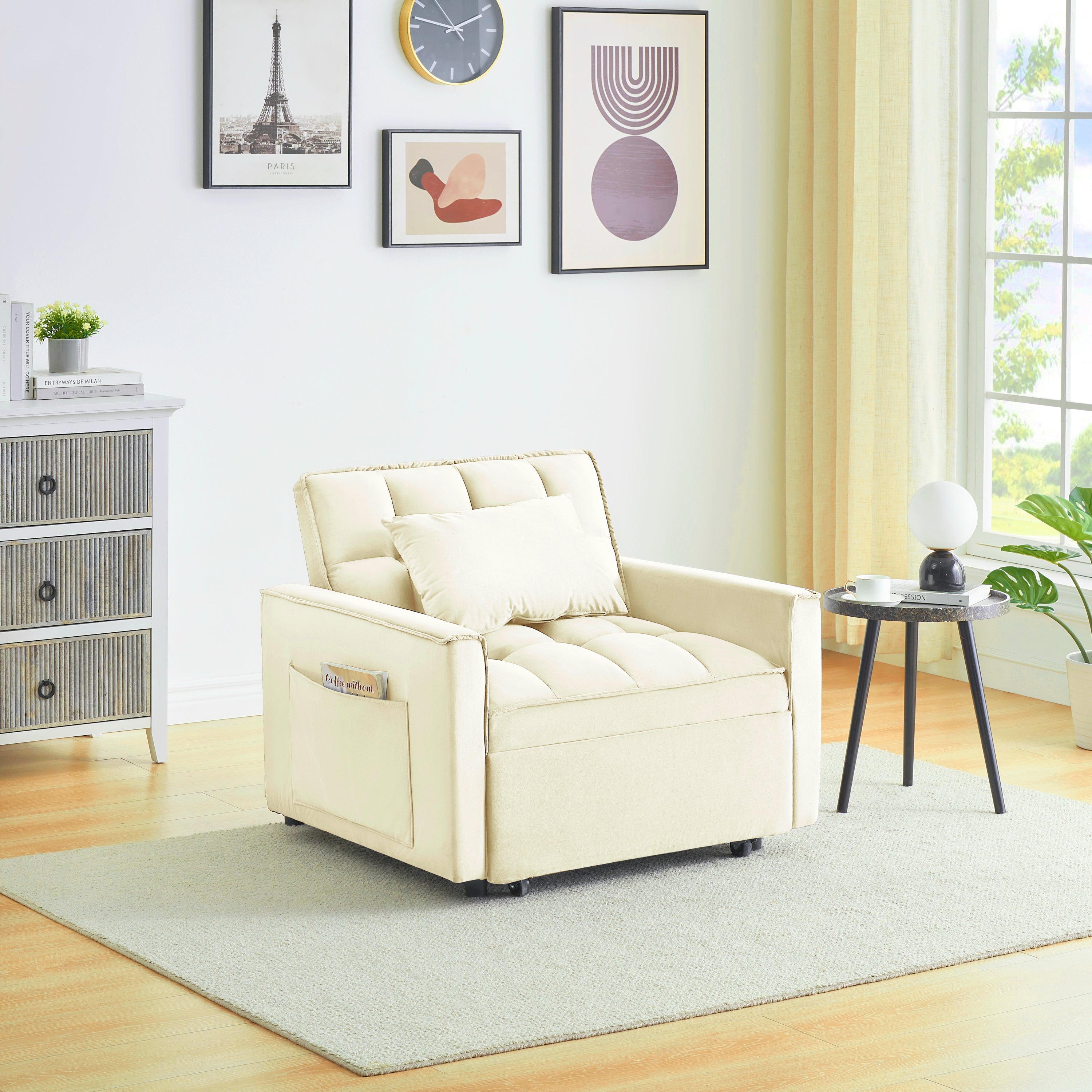 Velvet Foldable Sofa Bed Adjustable Back with USB, Ashtray & Phone Stand