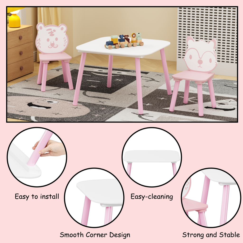 Kids 3-Piece Wooden Toddler Desk with Animal Backrest