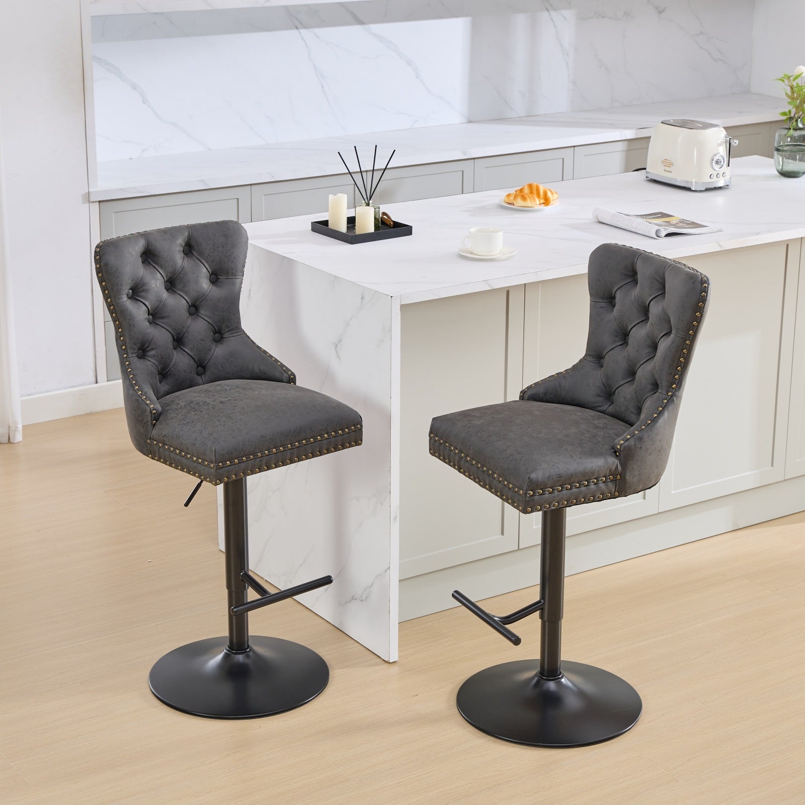 Aged and Retro PU Swivel Barstools Adjusatble Seat Height (Set of 2)