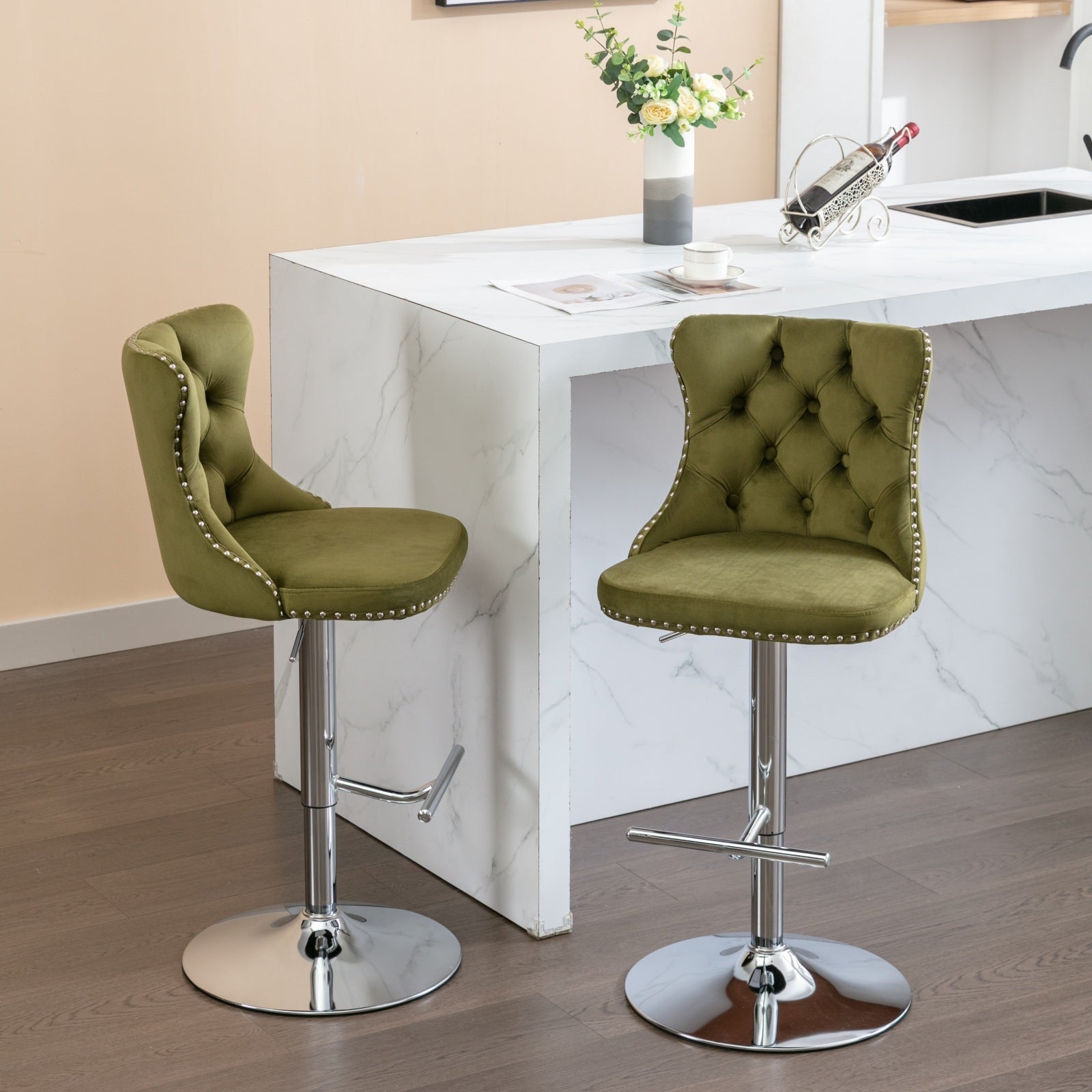 25-33 Inch Modern Velvet Swivel Barstools (Set of 2)