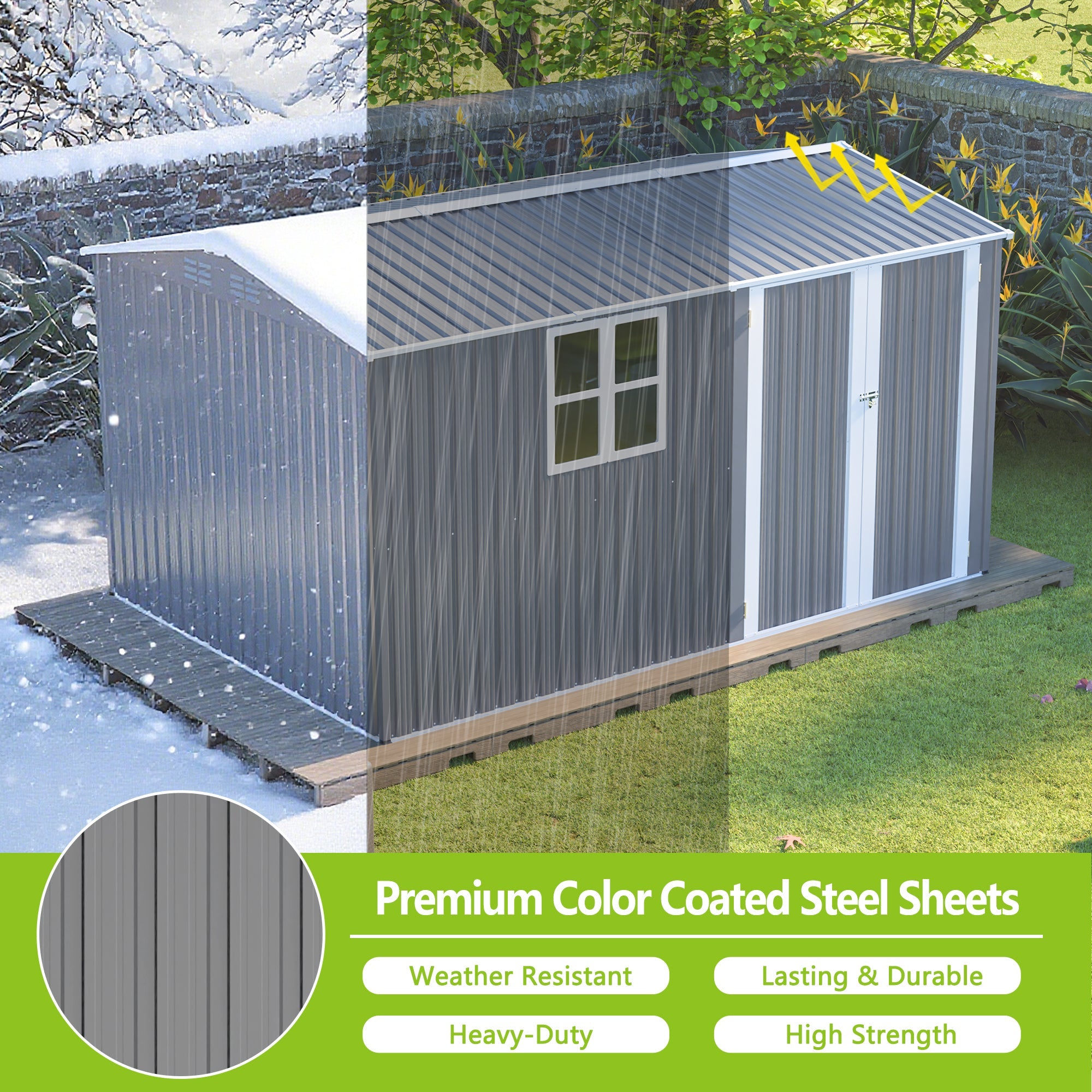 8x12ft Steel Storage Shed w/ Window, Hinged Doors, 4 Vents for Yard/Garden/Patio