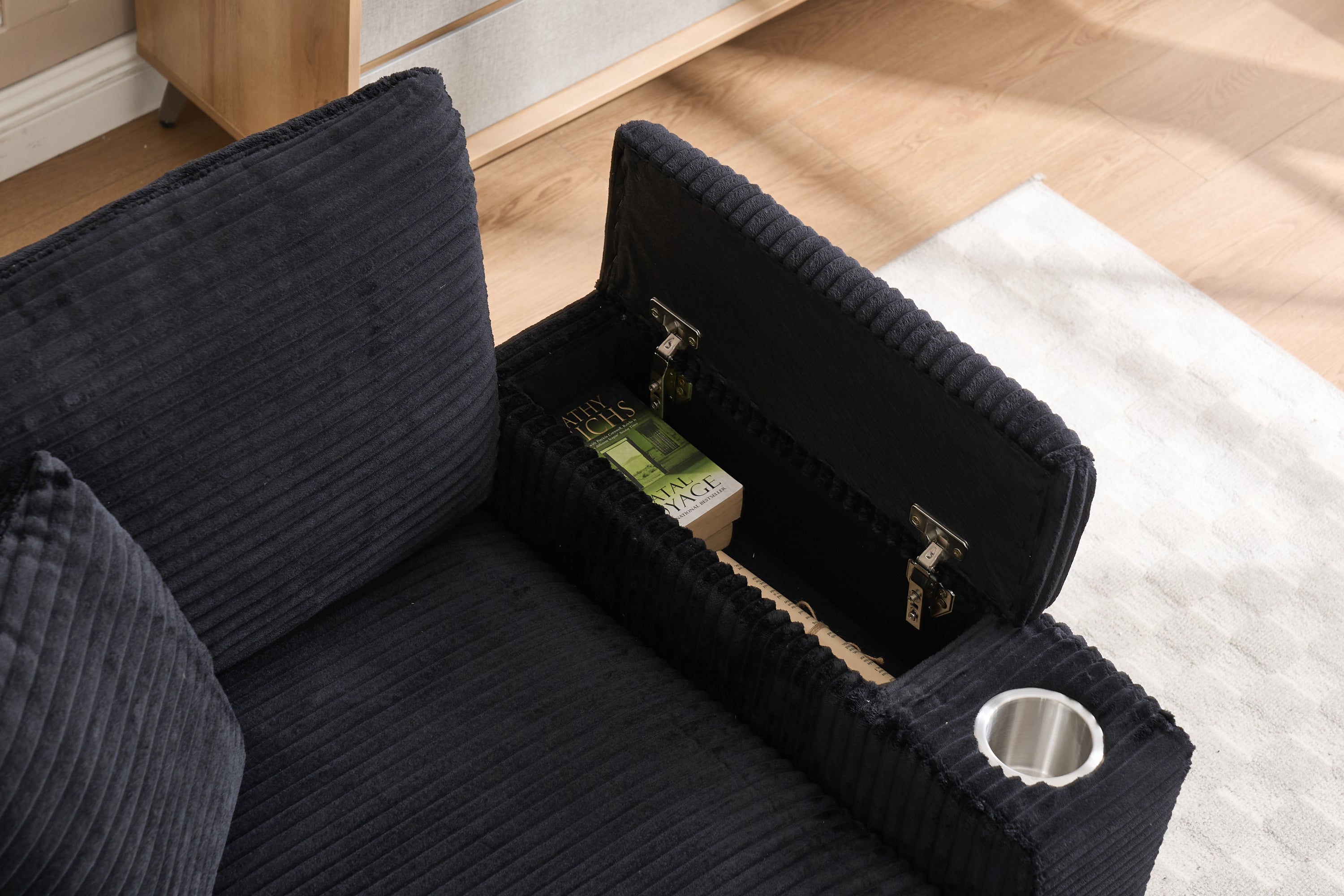 Corduroy Upholstered Chaise Lounge Sofa with Handrail Storage