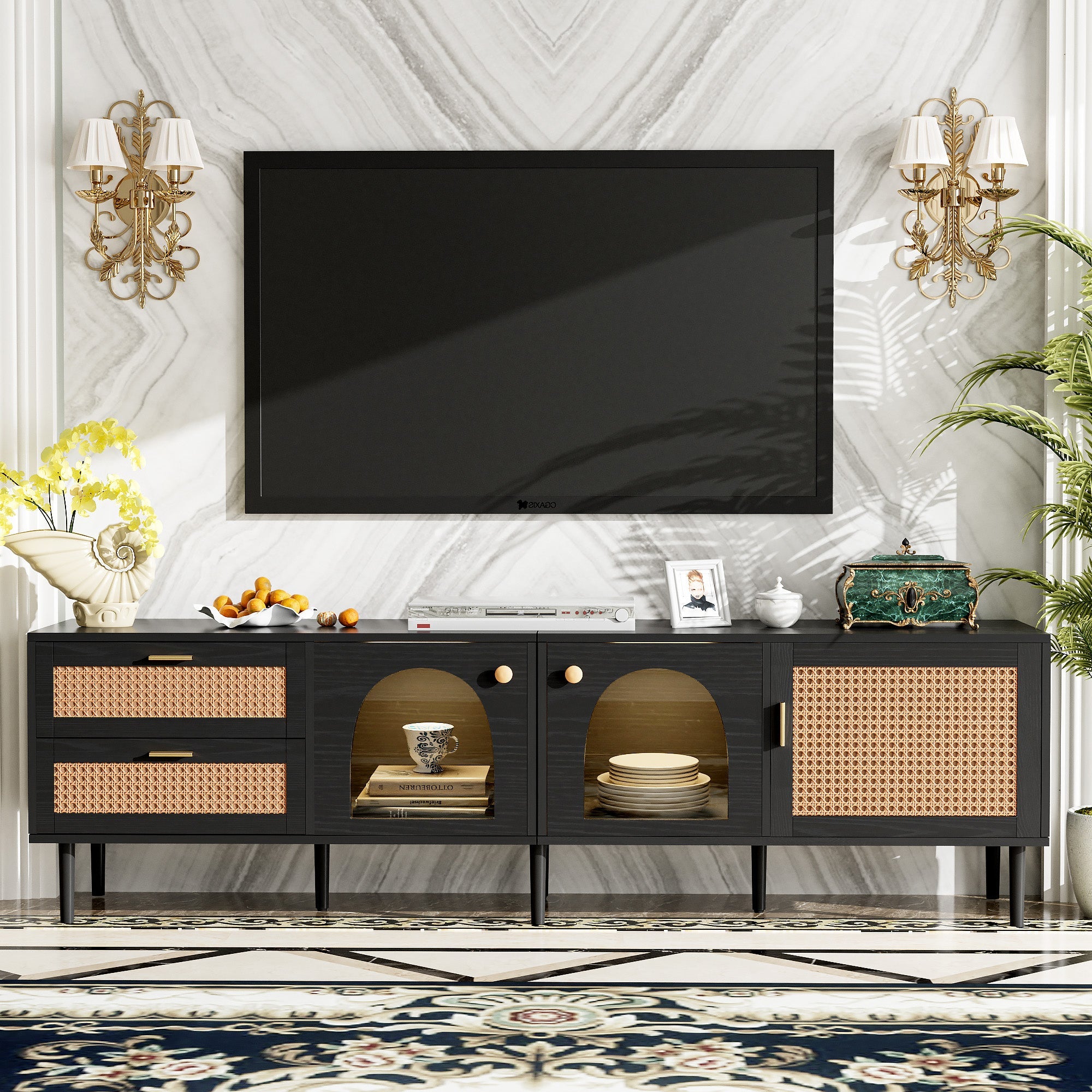 70" Rattan LED Light Entertainment TV Stand
