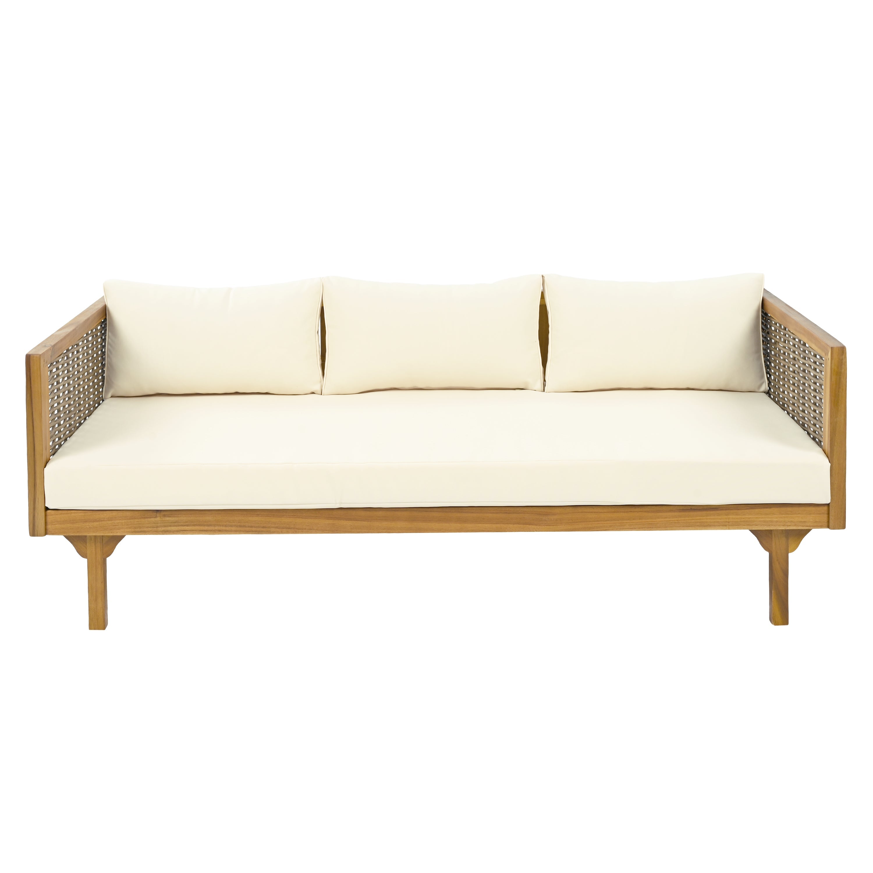 3 Seater Acacia Wood Daybed with Rattan Arms Beige Cushion