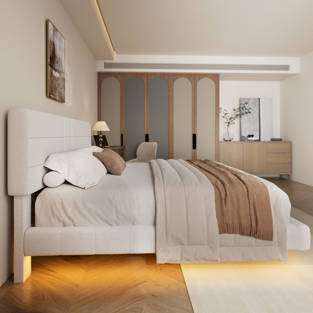 White  Boucle Floating Bed with Light