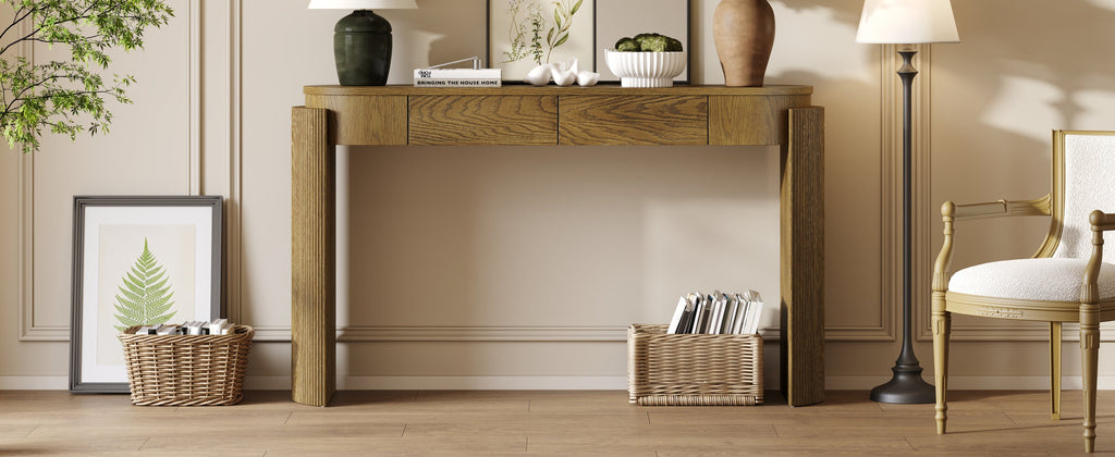 Natural Wood Console Table with Fluted Design