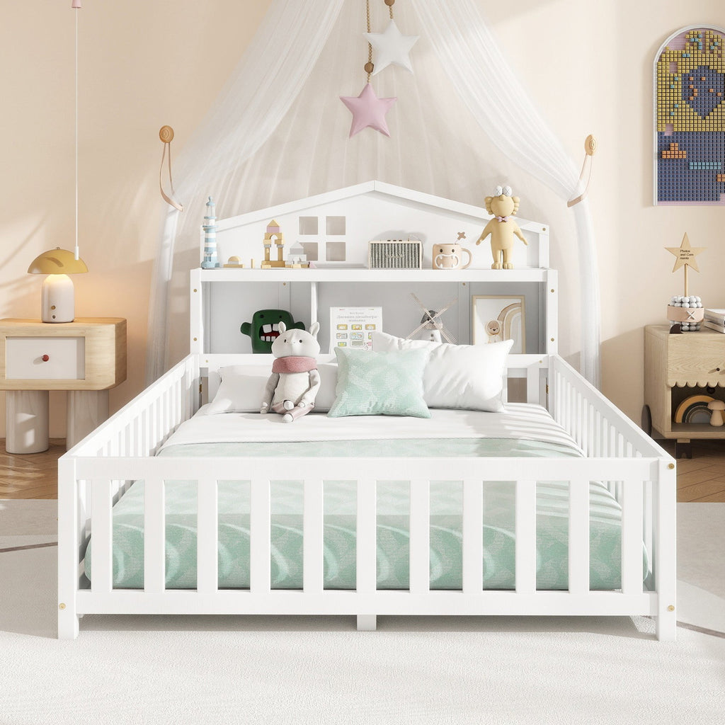 Full-size Montessori Floor Bed with Bookcases and Blackboards