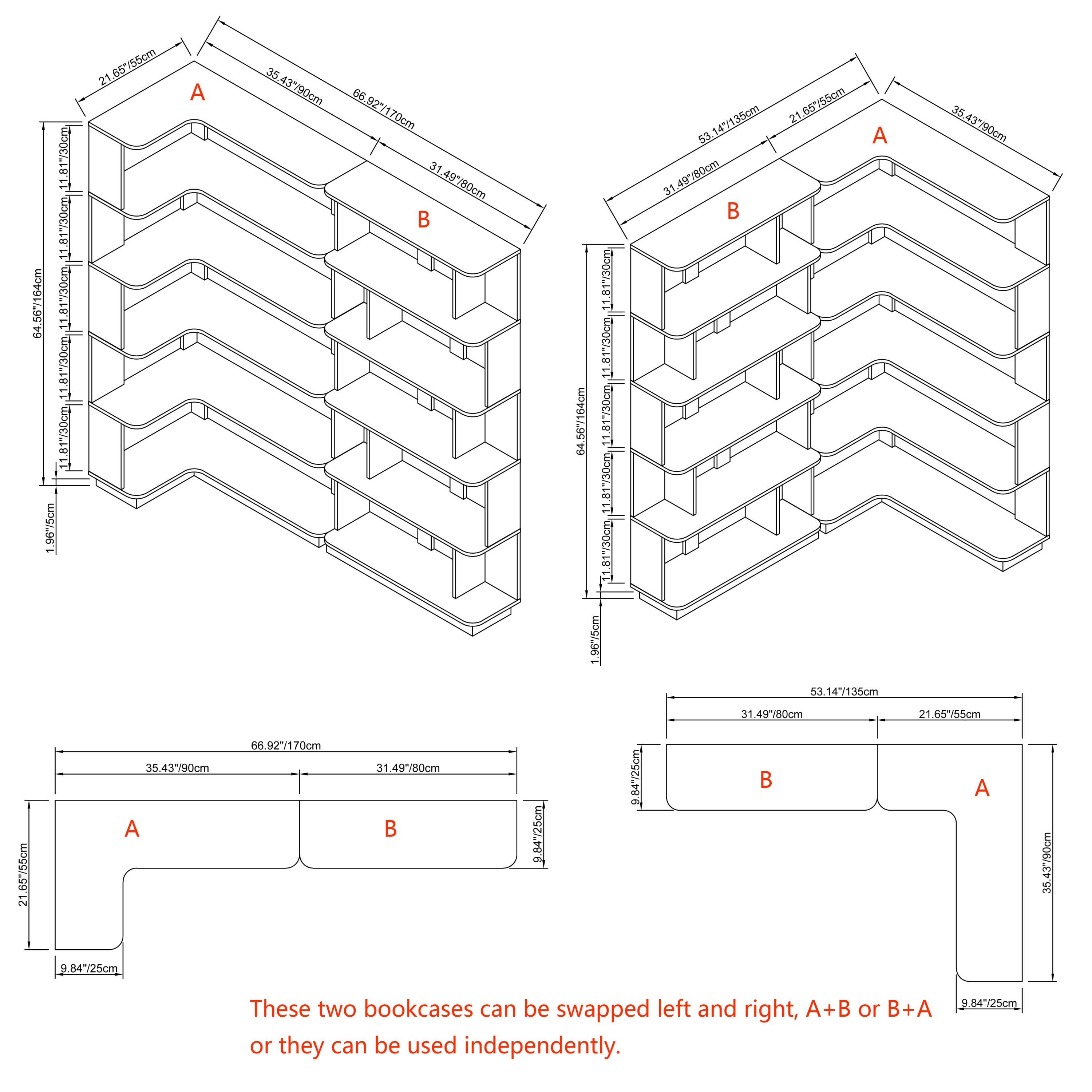 90cm Space-Saving Corner Bookshelf and 80cm Extendable Bookcase Set of 2