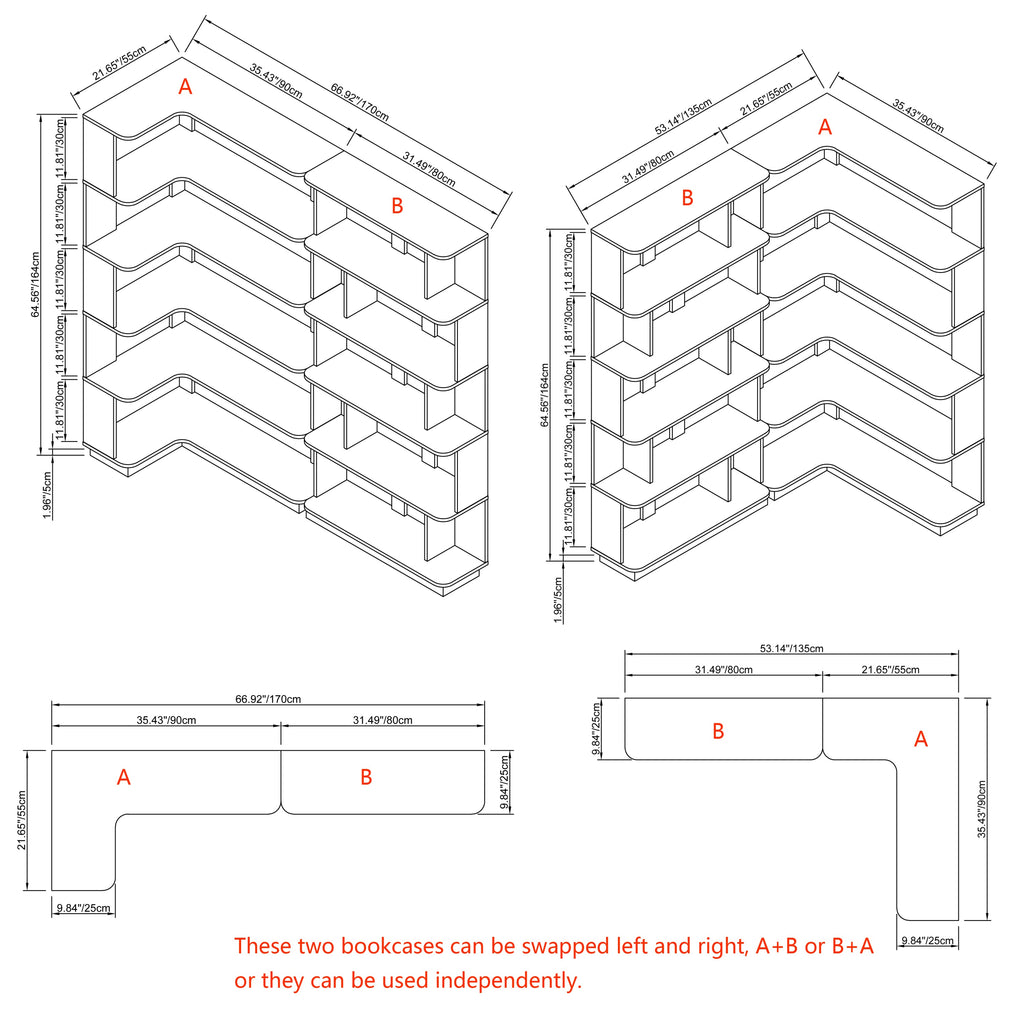 90cm Space-Saving Corner Bookshelf and 80cm Extendable Bookcase Set of 2