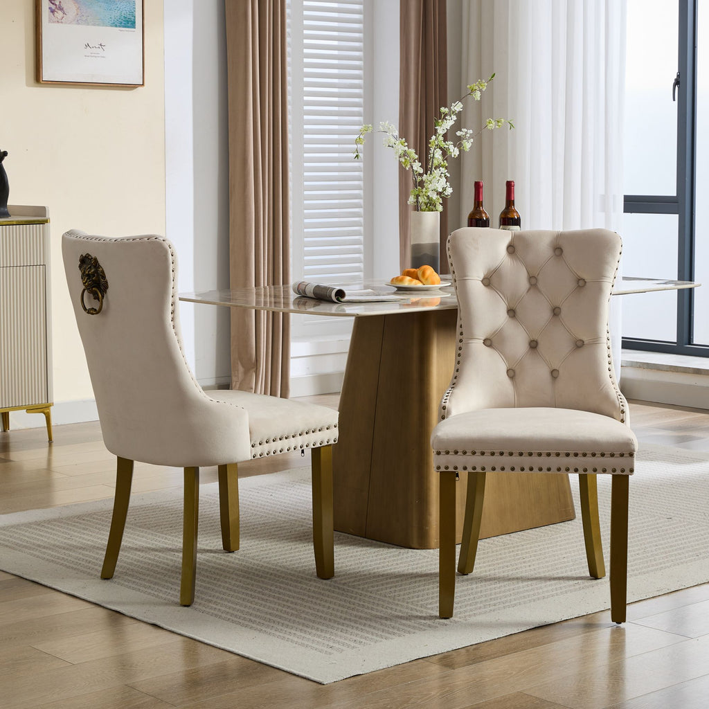 Mid-Century Velvet Dining Chairs with Lion Head Pull Ring (Set of 2)
