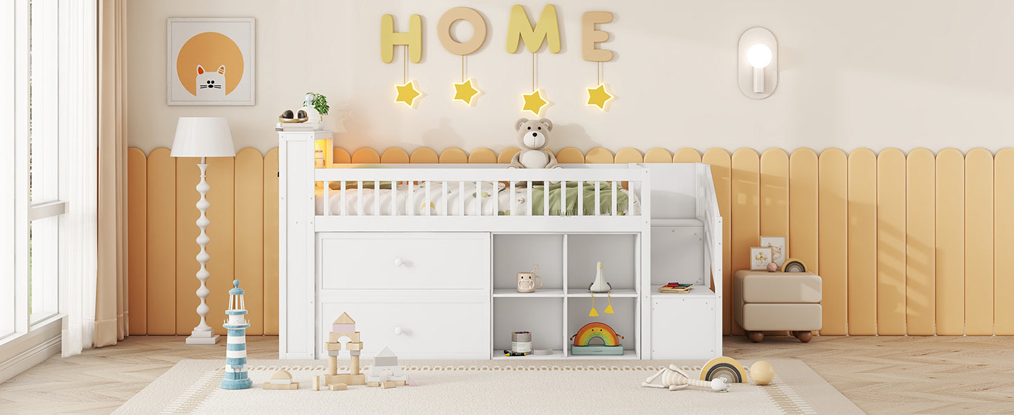 Twin Size Loft Bed with LED and Bookshelf