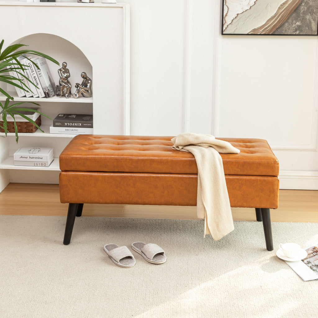 Brown PU Leather Storage Bench