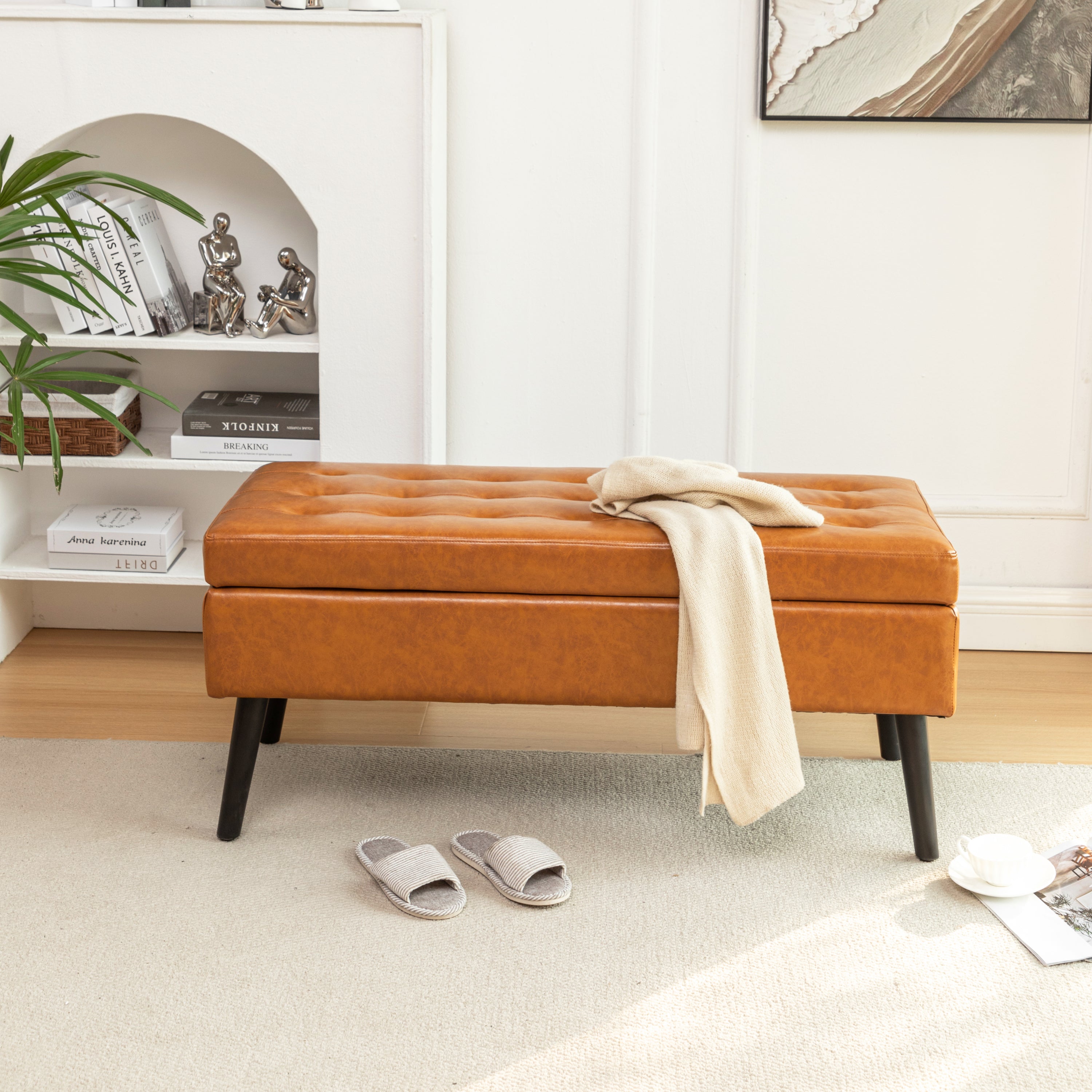 Brown PU Leather Storage Bench