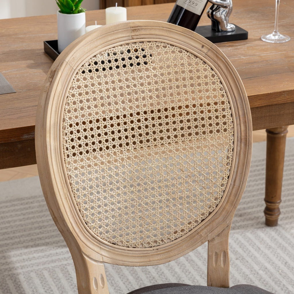 French Style Linen Fabric Rattan Back Dining Chairs (Set of 2)