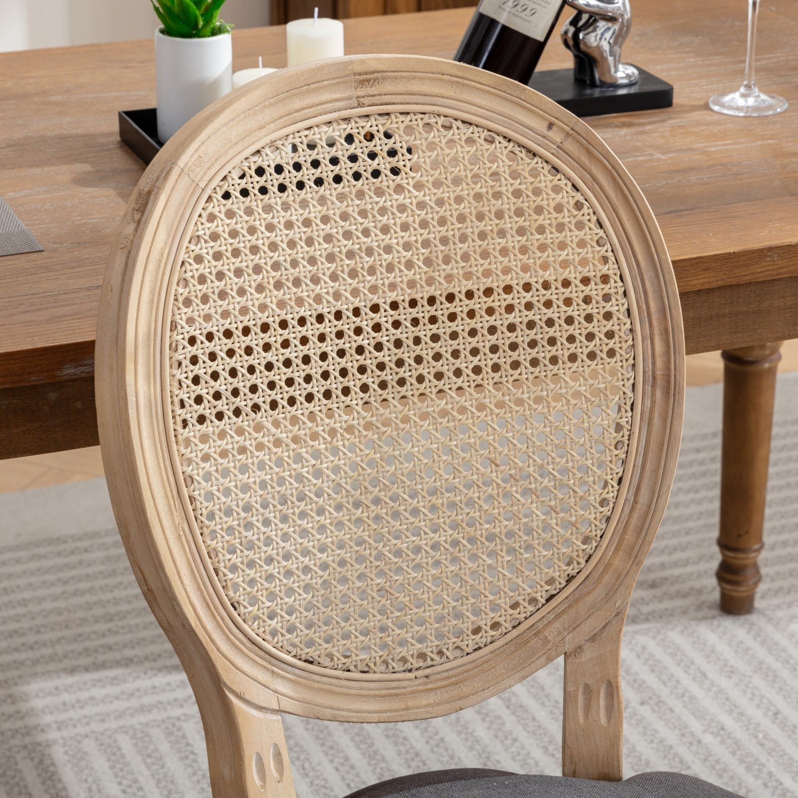 French Style Linen Fabric Rattan Back Dining Chairs (Set of 2)