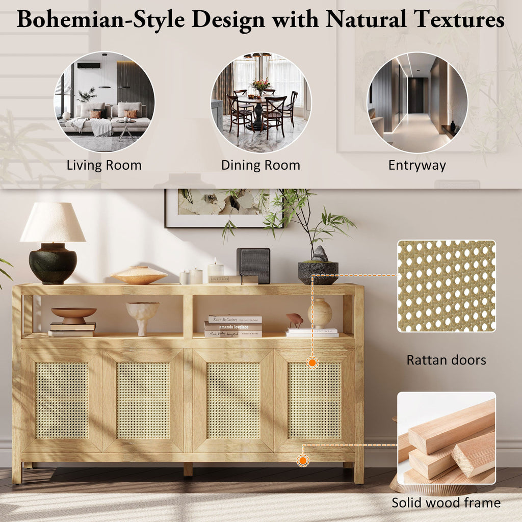Bohemian Style Rattan Storage Cabinet with 3-position Adjustable Shelves