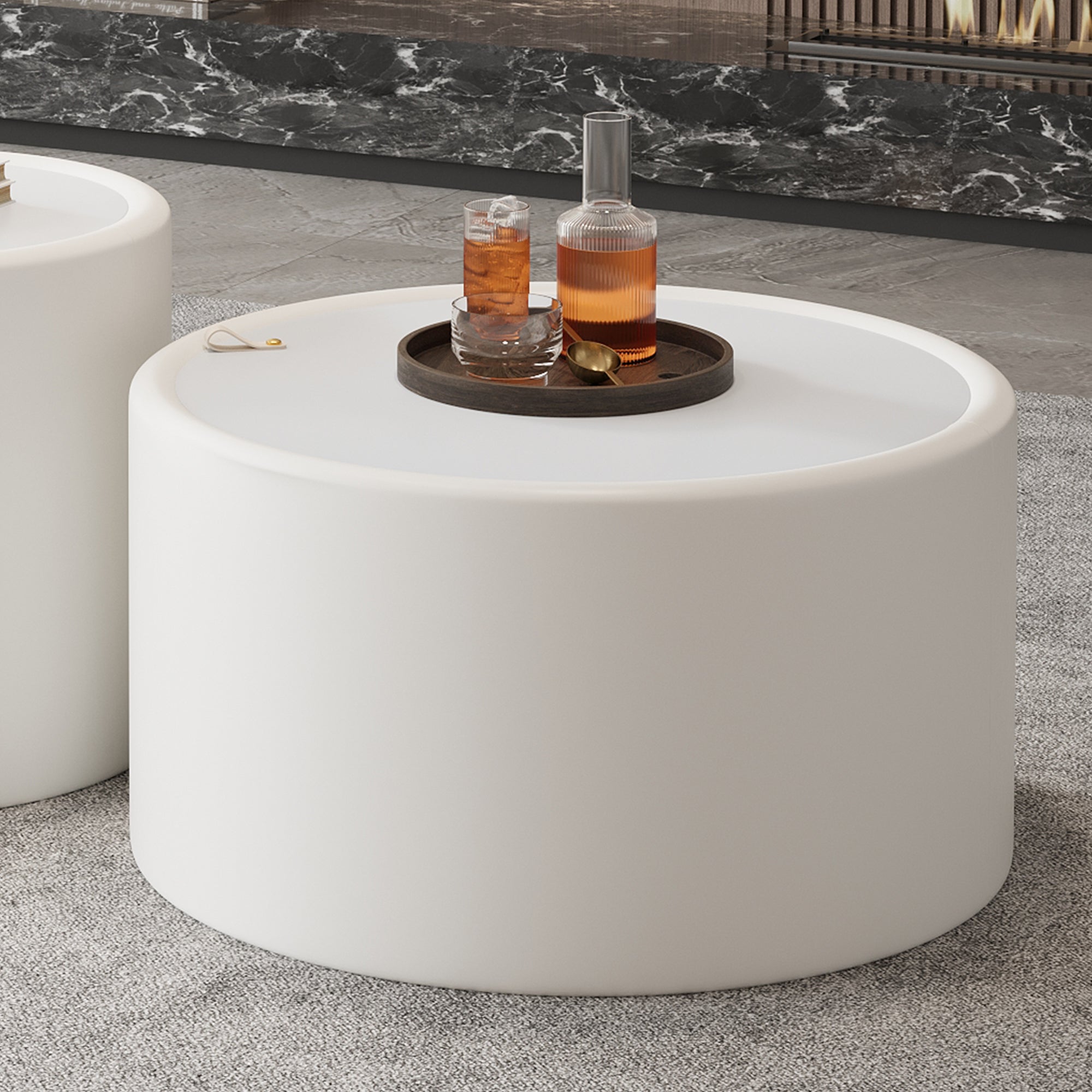 28“  PU Leather Round Coffee Table with Tempered Glass Top