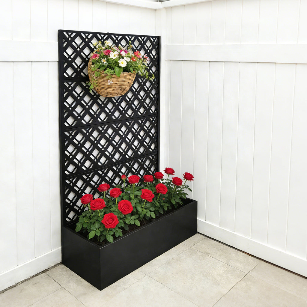 Black Metal Raised Garden Bed with Trellis for Climbing Plants