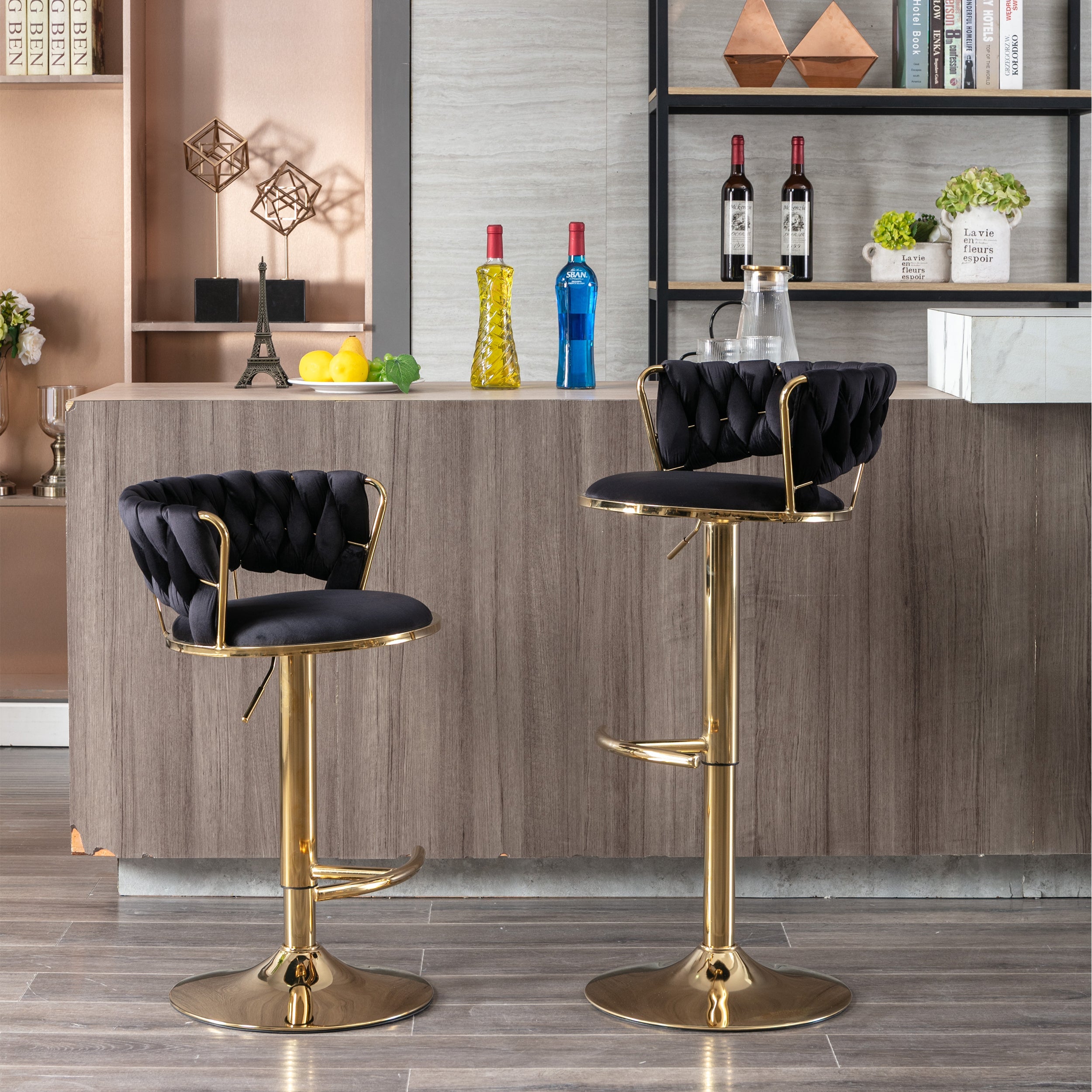 Swivel Height Adjustable Velvet Bar Stools with Golden Leg (Set of 2 )