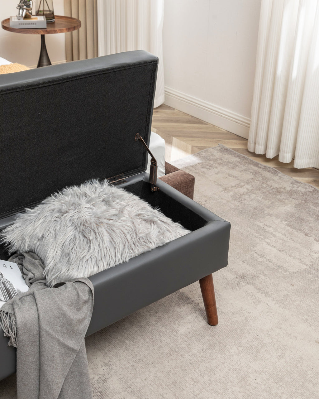 Brown PU Leather Storage Bench