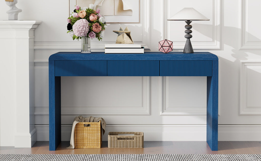 Rustic Solid Wood Veneer Entryway Table with 3 Fluted Drawers