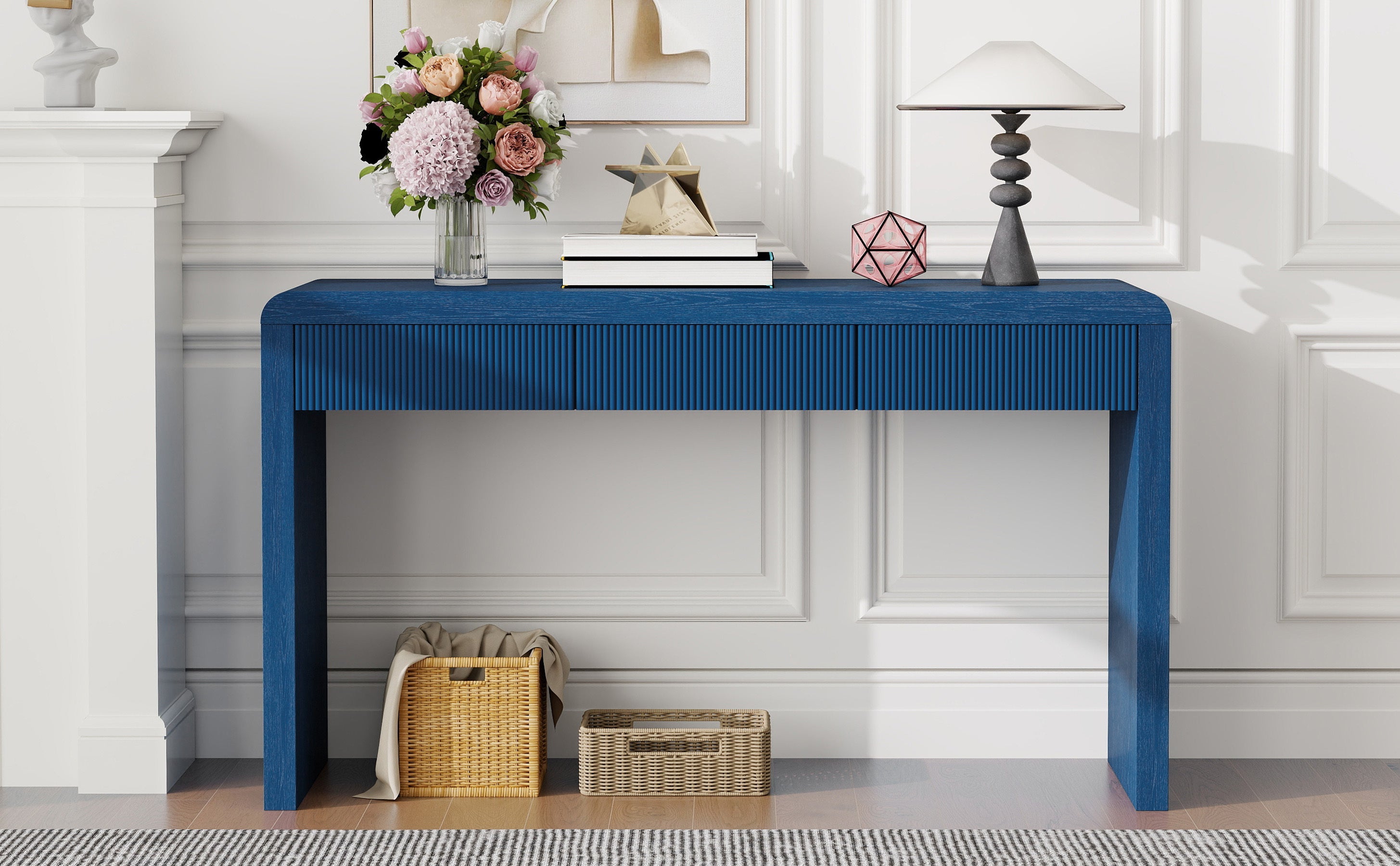 Rustic Solid Wood Veneer Entryway Table with 3 Fluted Drawers