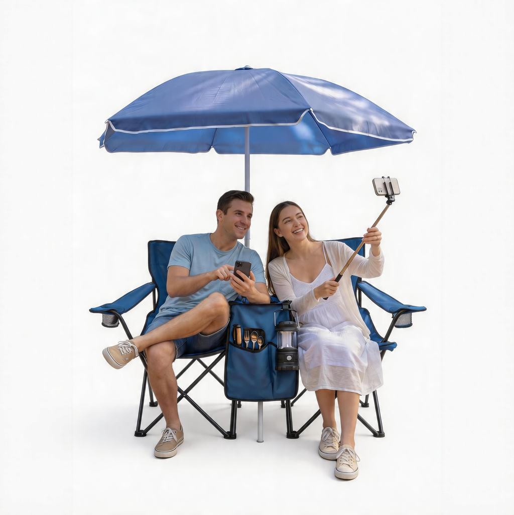 Portable Double Folding Beach Chair Set with Umbrella 2 Person Camping