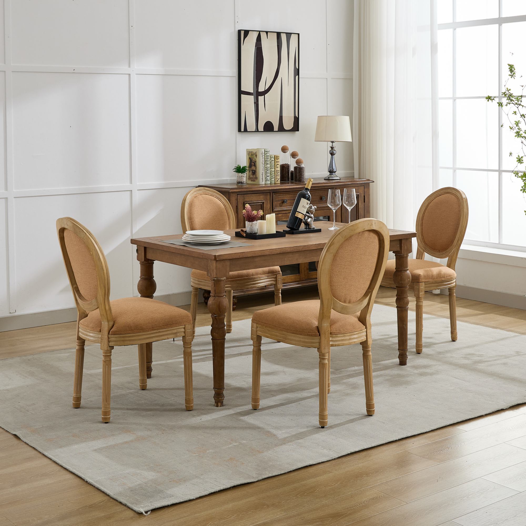 French Style Solid Wood Frame Linen Fabric Back Dining Chair (Set of 2)
