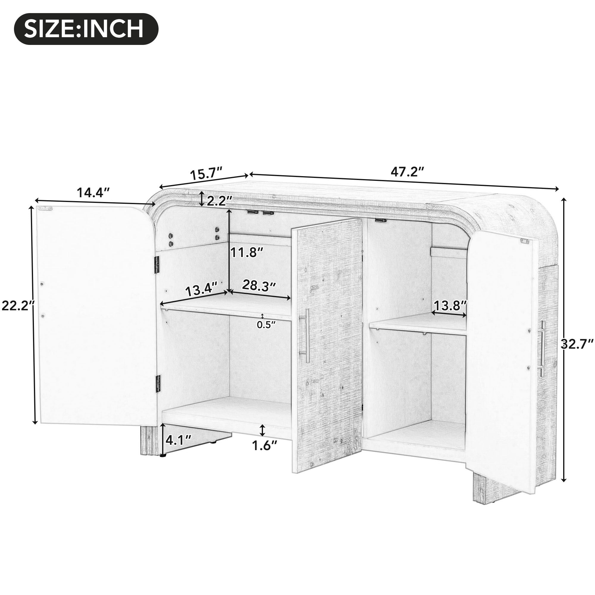 Minimalist Curved Sideboard with Gold Handles and Adjustable Dividers