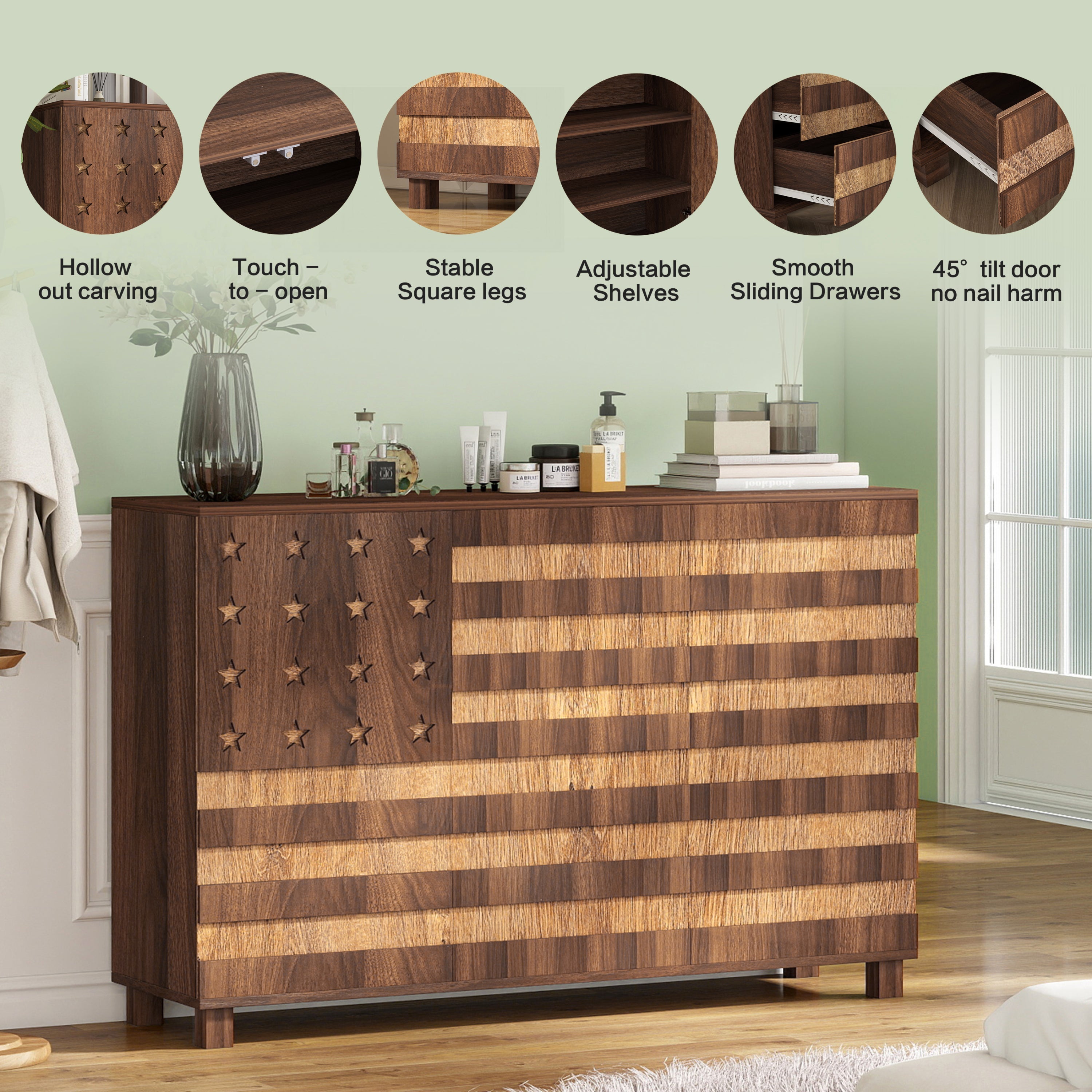 55' Buffet Sideboard Cabinet with Hand Carved Craftsmanship