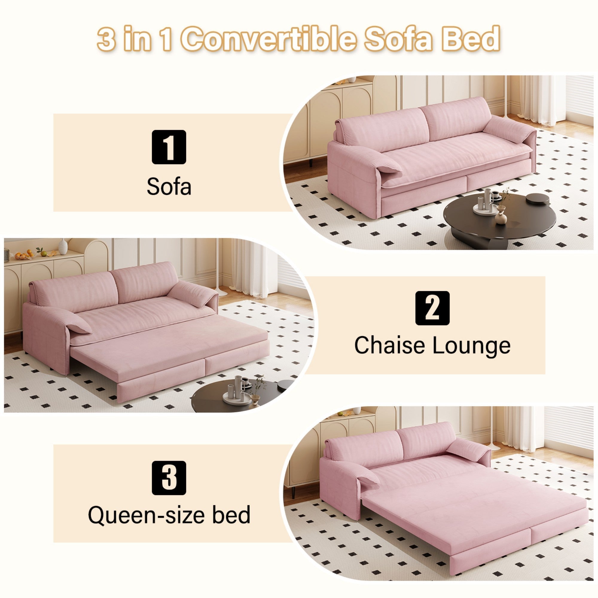 3-in-1 Convertible Sleeper Sofa with Side Storage