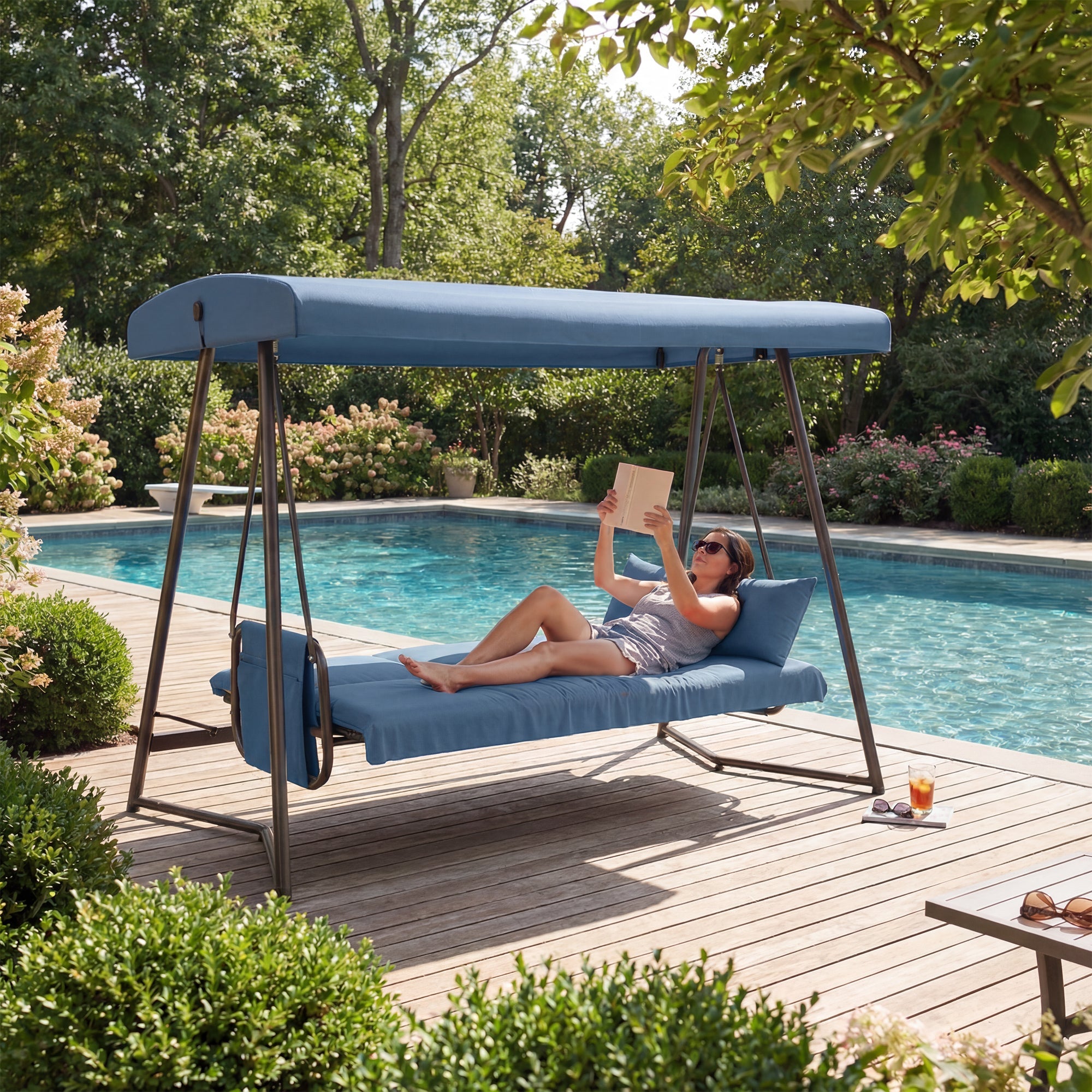 Outdoor Hanging Swing Bed 3-in-1 3-Seater Adjustable Canopy Waterproof Blue